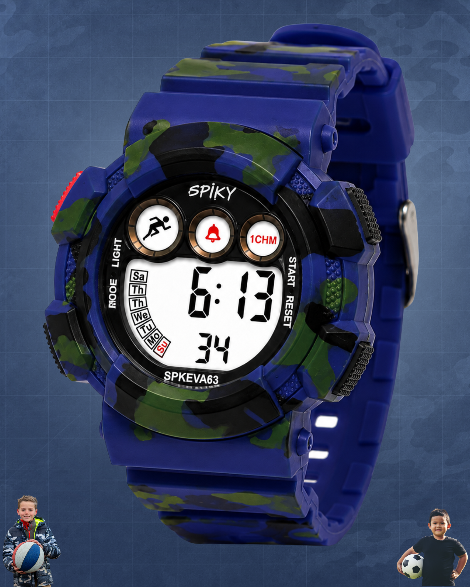 SPIKY Round Digital Sports Watch for Kids | Military, Camouflage Design