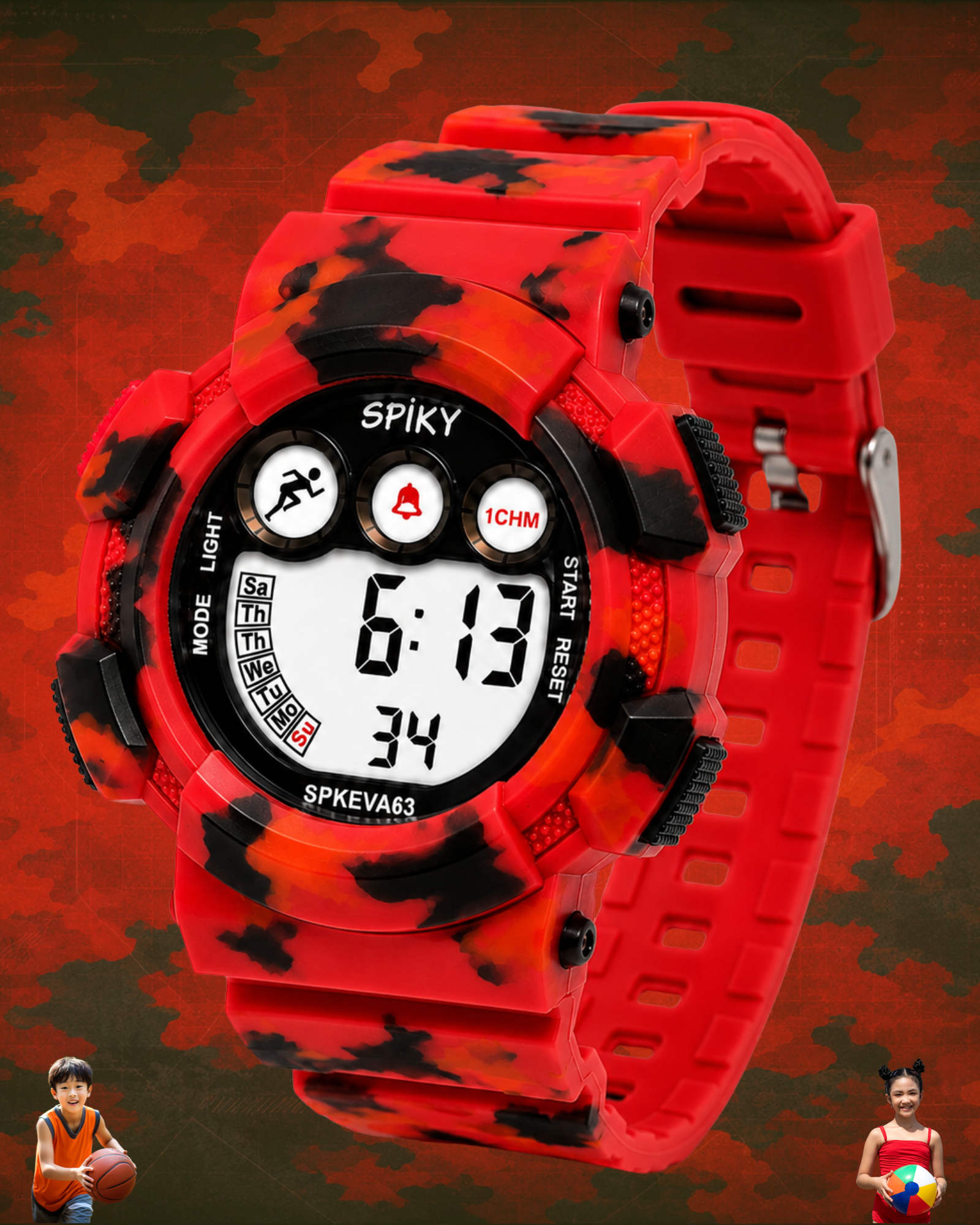 SPIKY Round Digital Sports Watch for Kids | Military, Camouflage Design