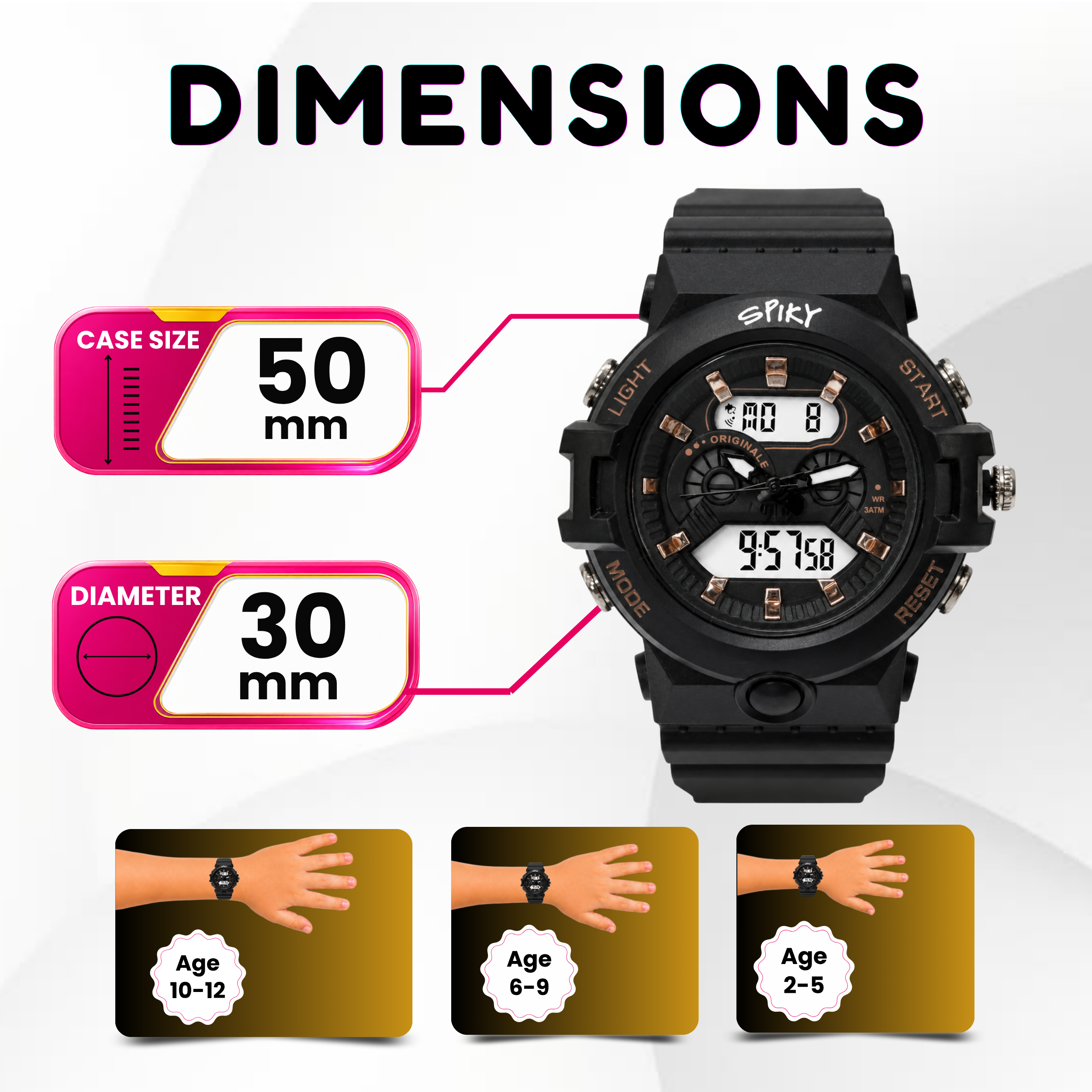 Spiky Round Analog Digital Sports Watch for Kids Girls & Boys