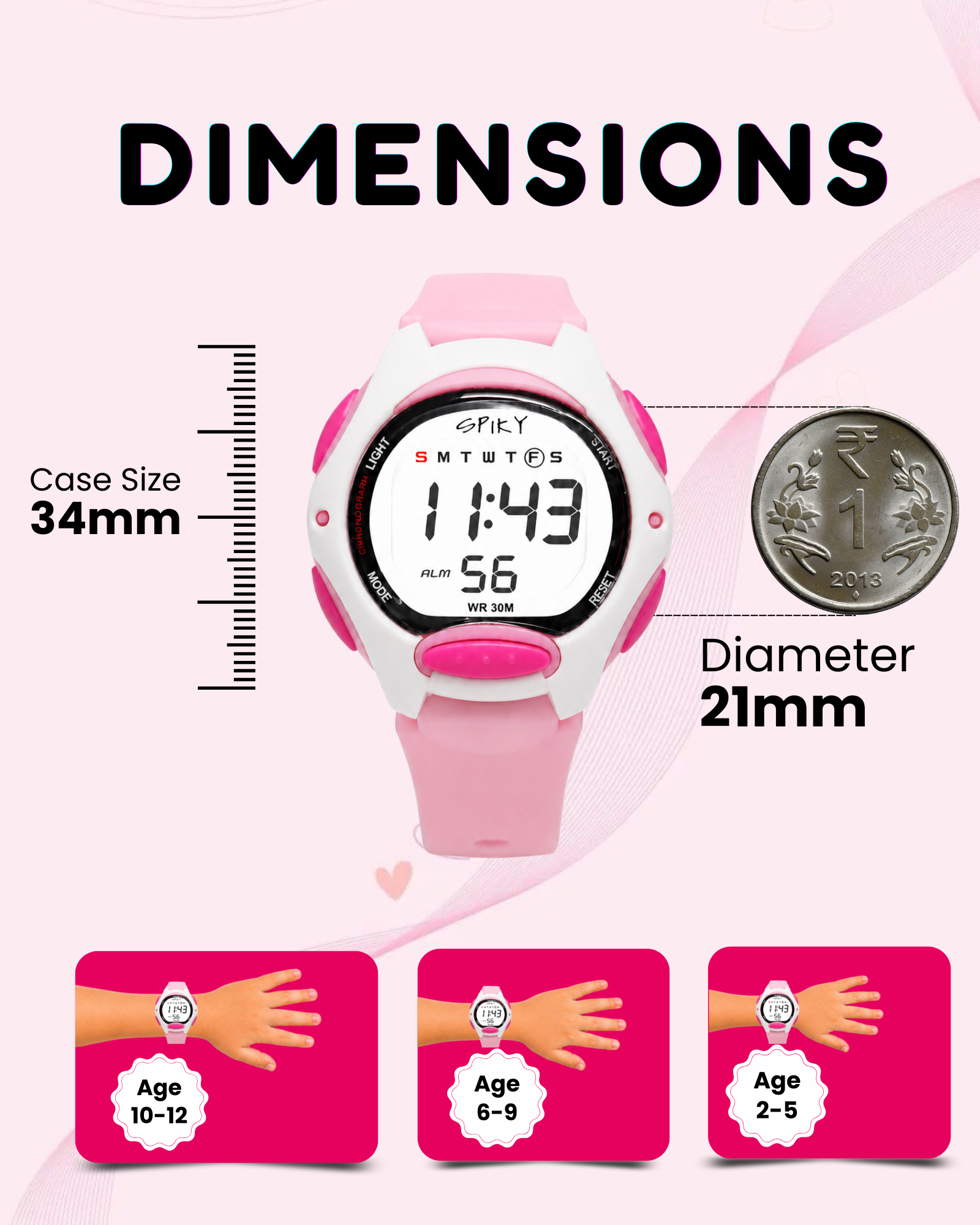 Spiky Eva2 Round Digital Kids Sports Watch - Pink