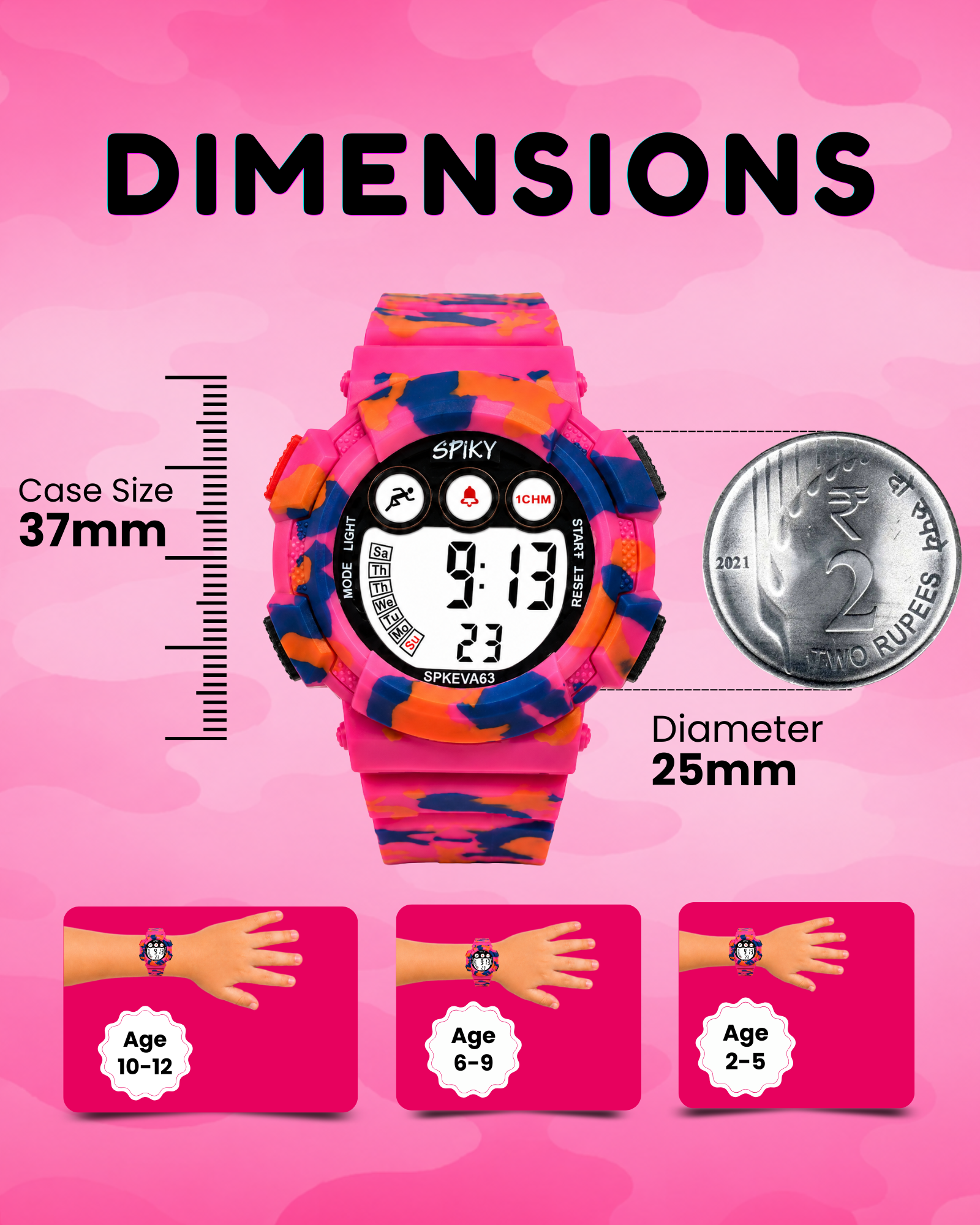 SPIKY Round Digital Sports Watch for Kids | Military, Camouflage Design