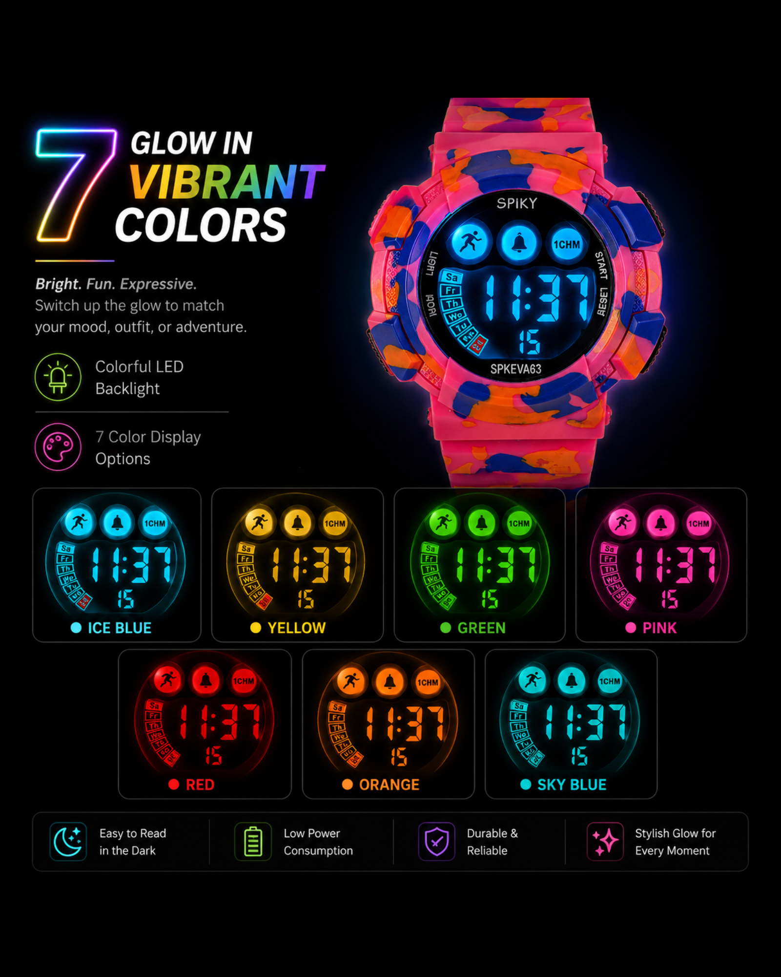 SPIKY Round Digital Sports Watch for Kids | Military, Camouflage Design