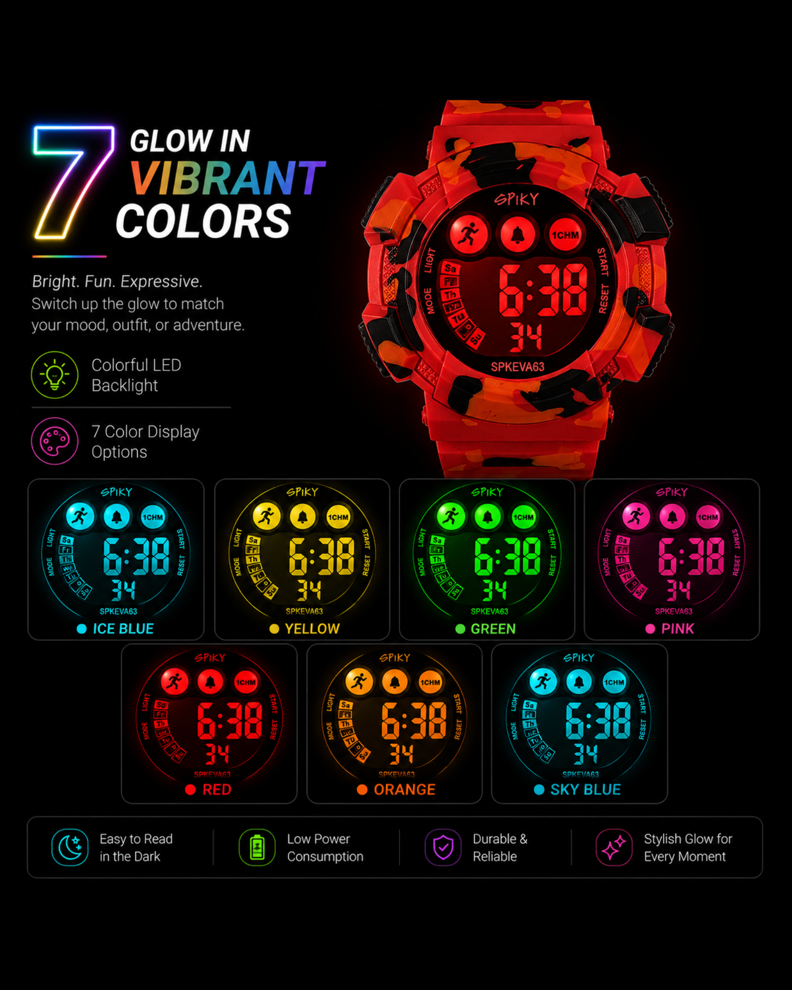 SPIKY Round Digital Sports Watch for Kids | Military, Camouflage Design