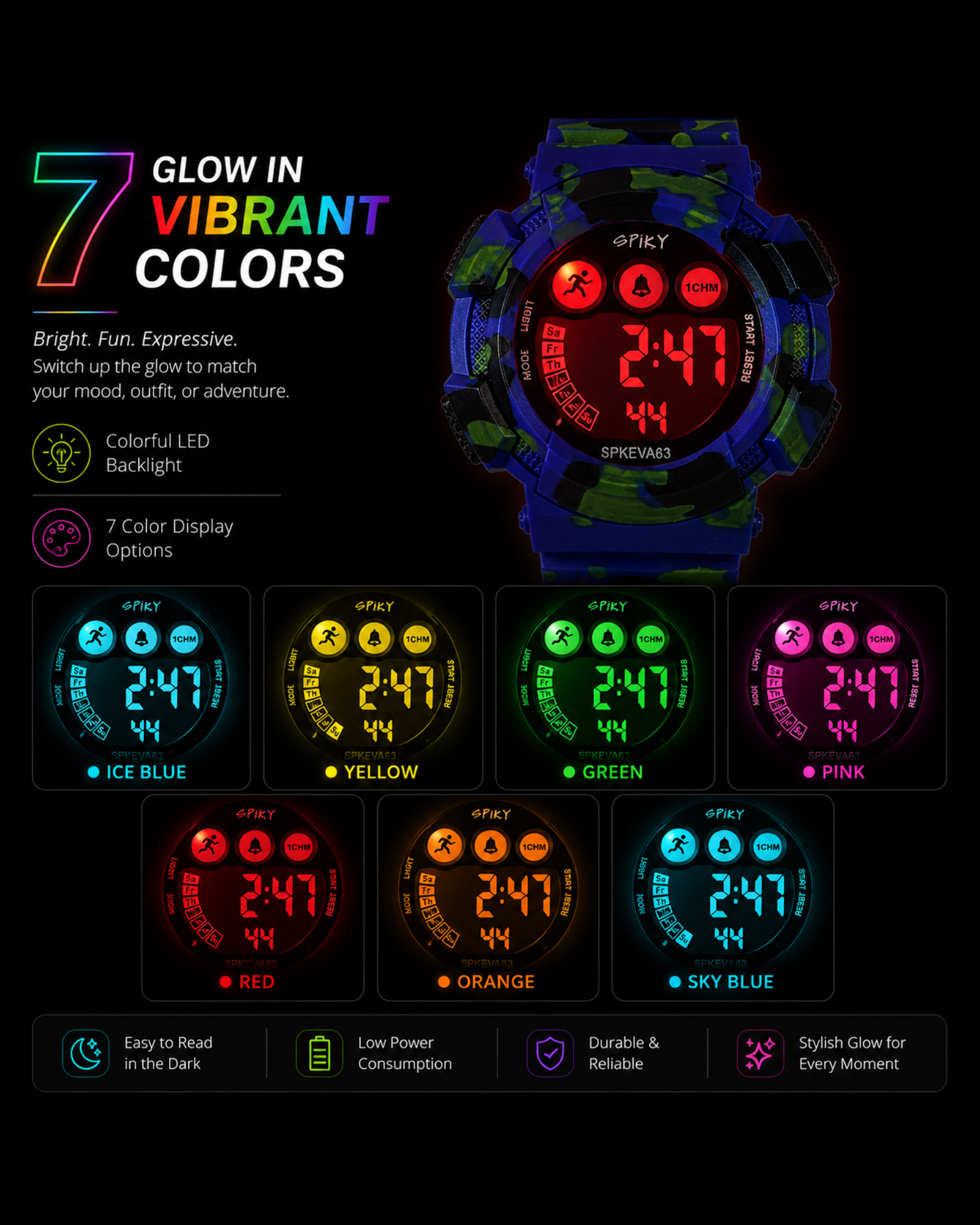 SPIKY Round Digital Sports Watch for Kids | Military, Camouflage Design