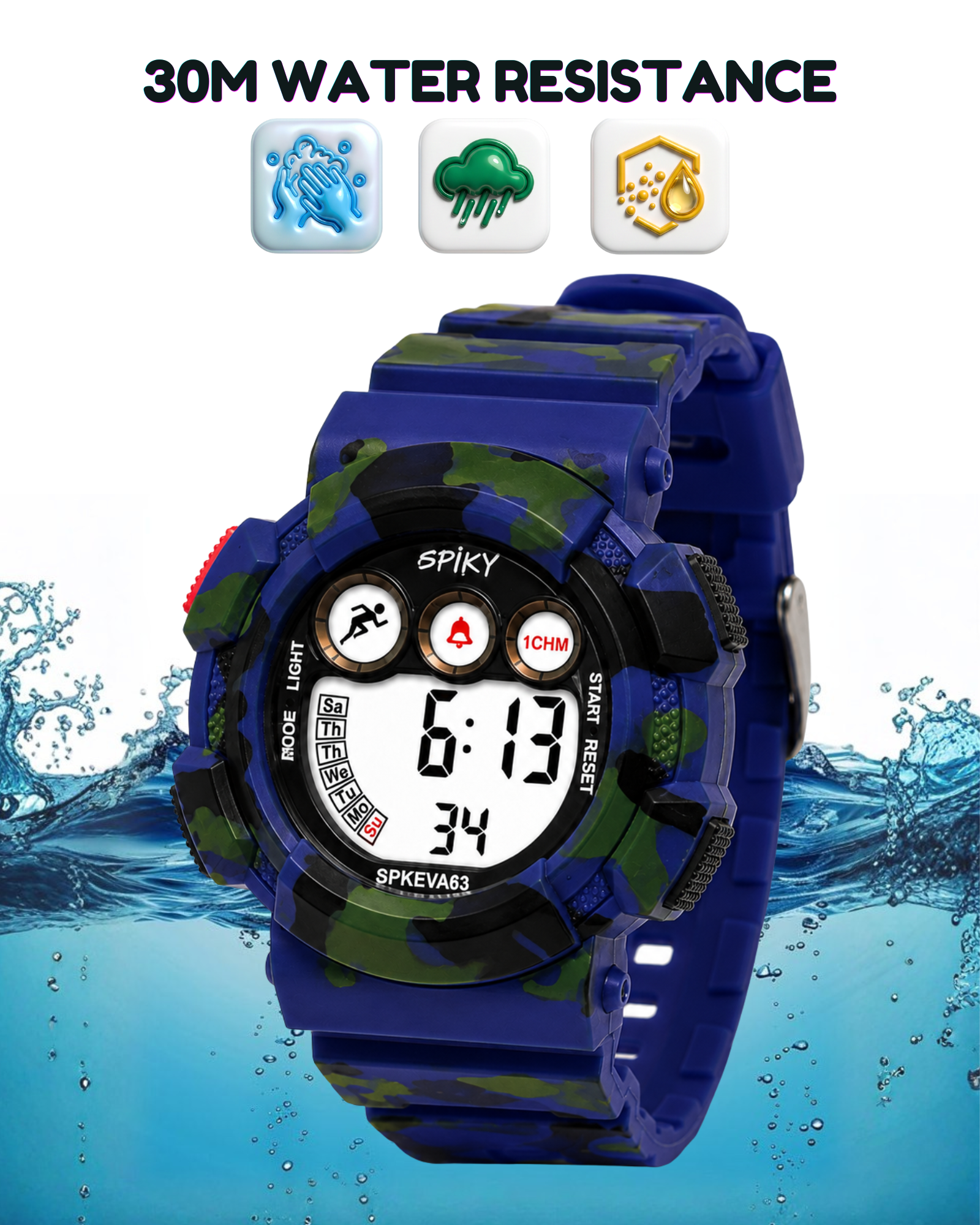 SPIKY Round Digital Sports Watch for Kids | Military, Camouflage Design