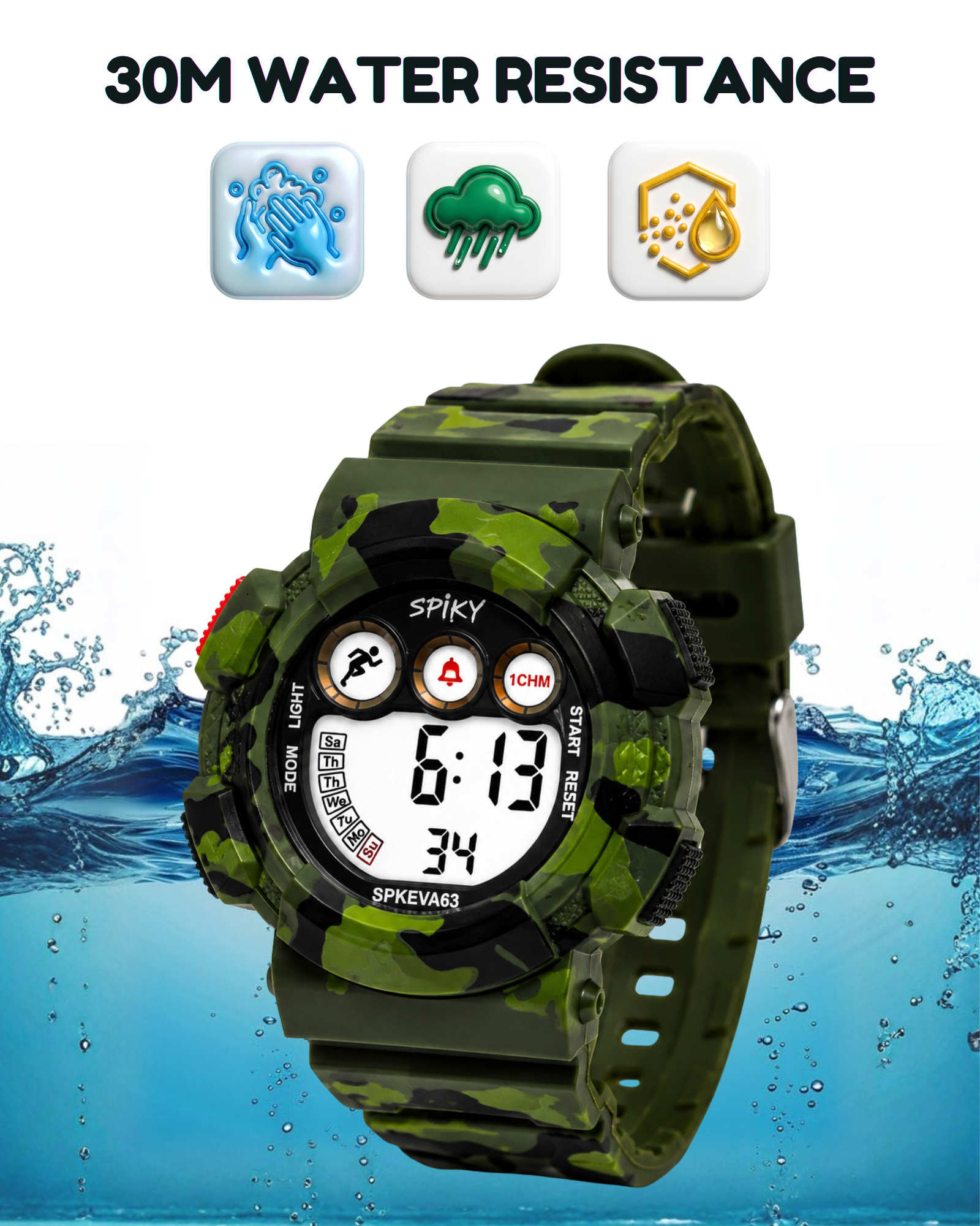 SPIKY Round Digital Sports Watch for Kids | Military, Camouflage Design