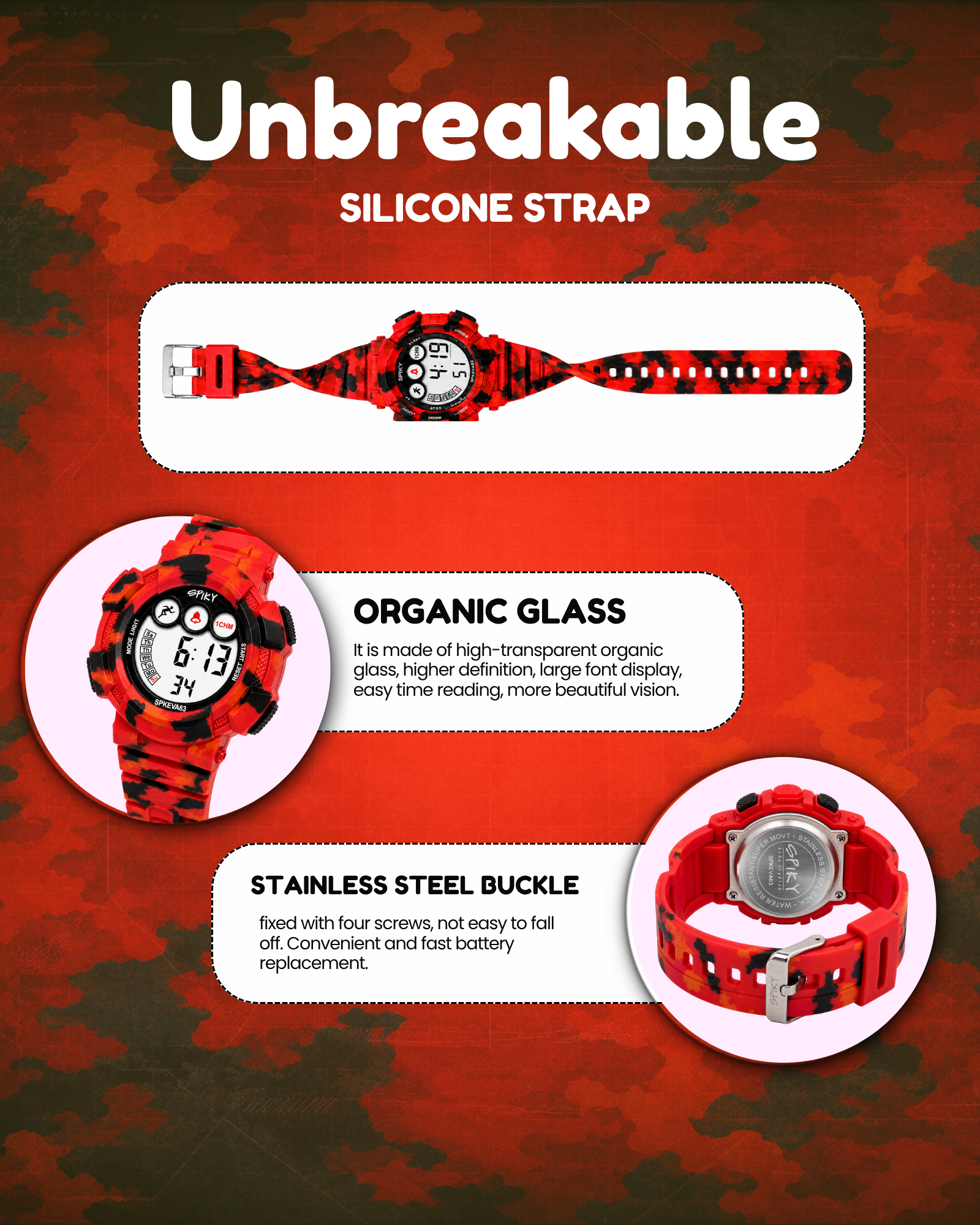 SPIKY Round Digital Sports Watch for Kids | Military, Camouflage Design