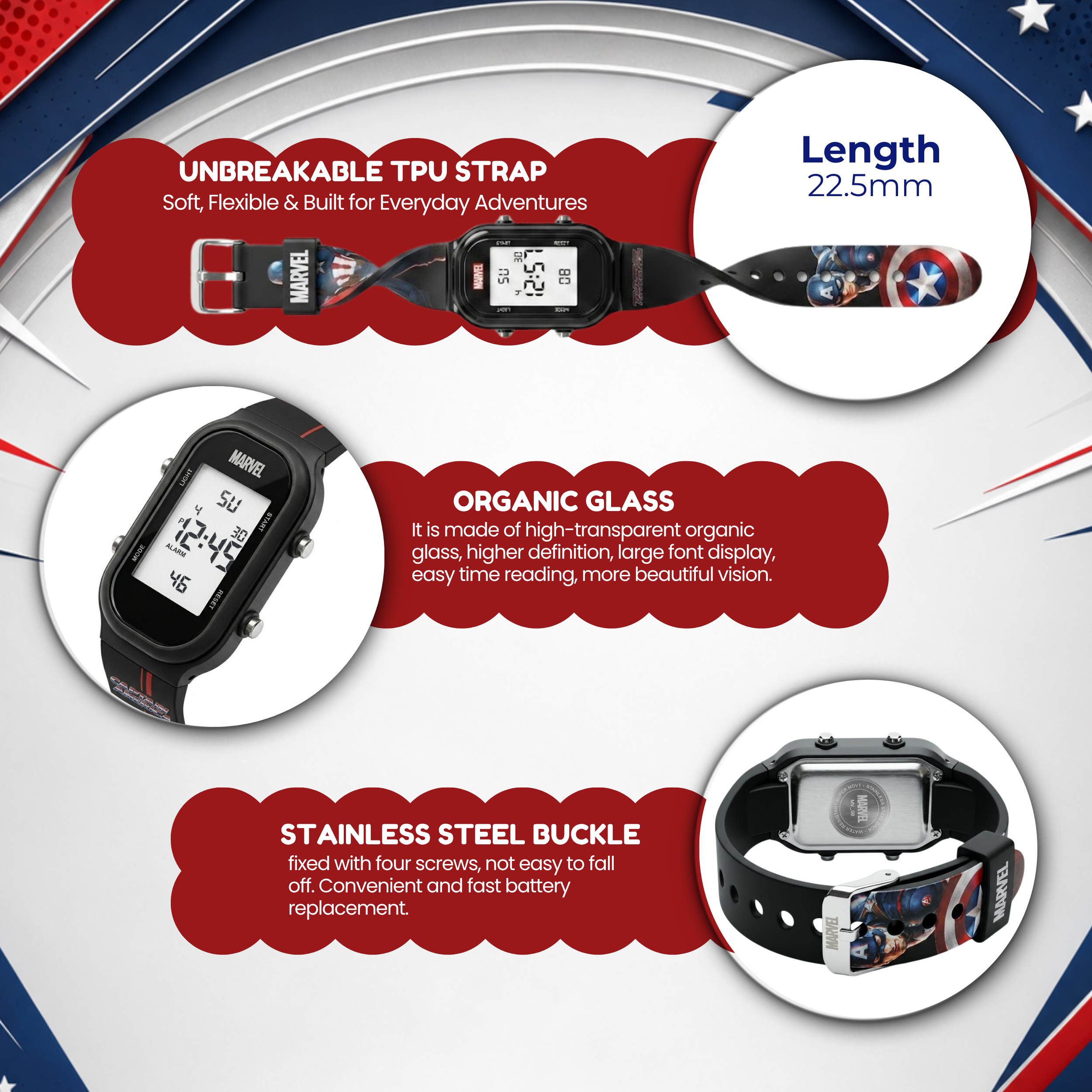 Spiky Captain America theme Digital Kids Watch