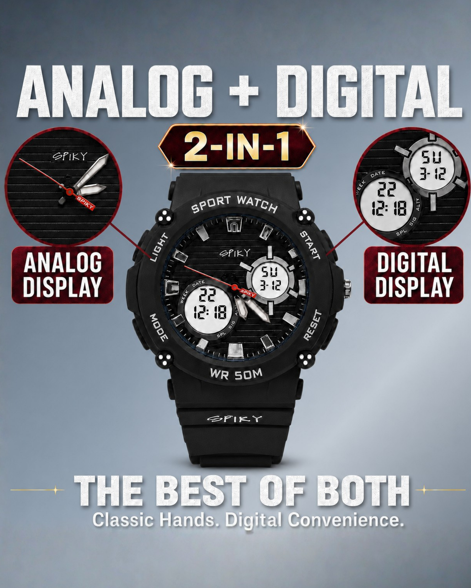 Spiky Analog-Digital Sports Watch for Kids Boys and Girls