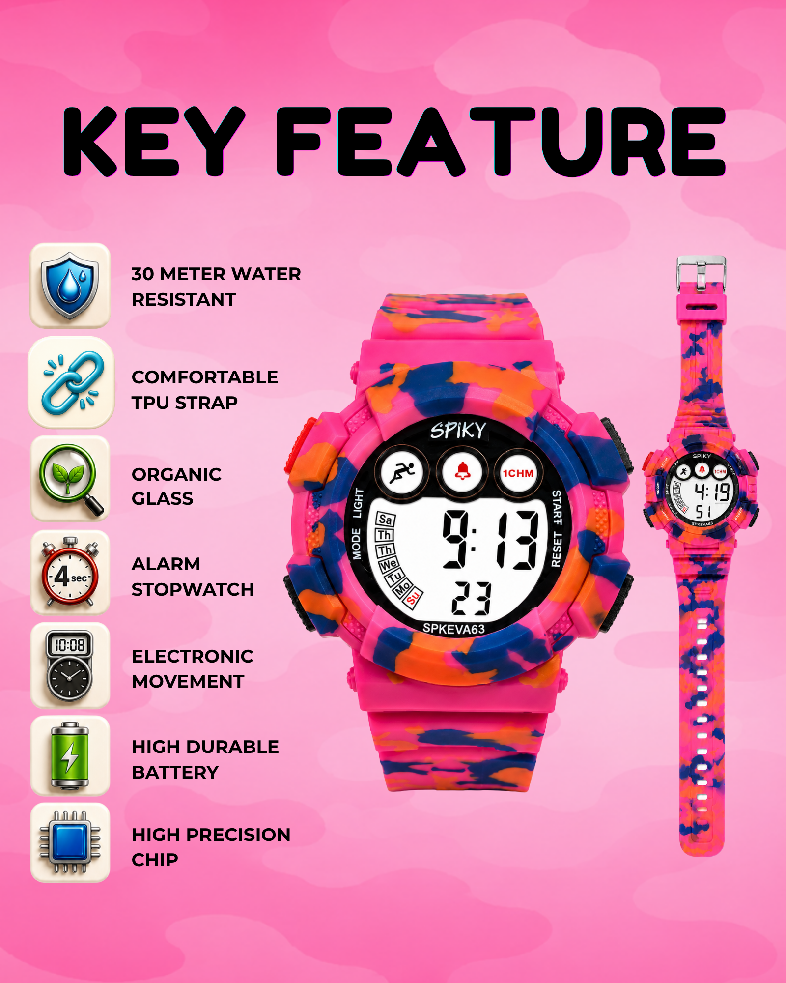 SPIKY Round Digital Sports Watch for Kids | Military, Camouflage Design