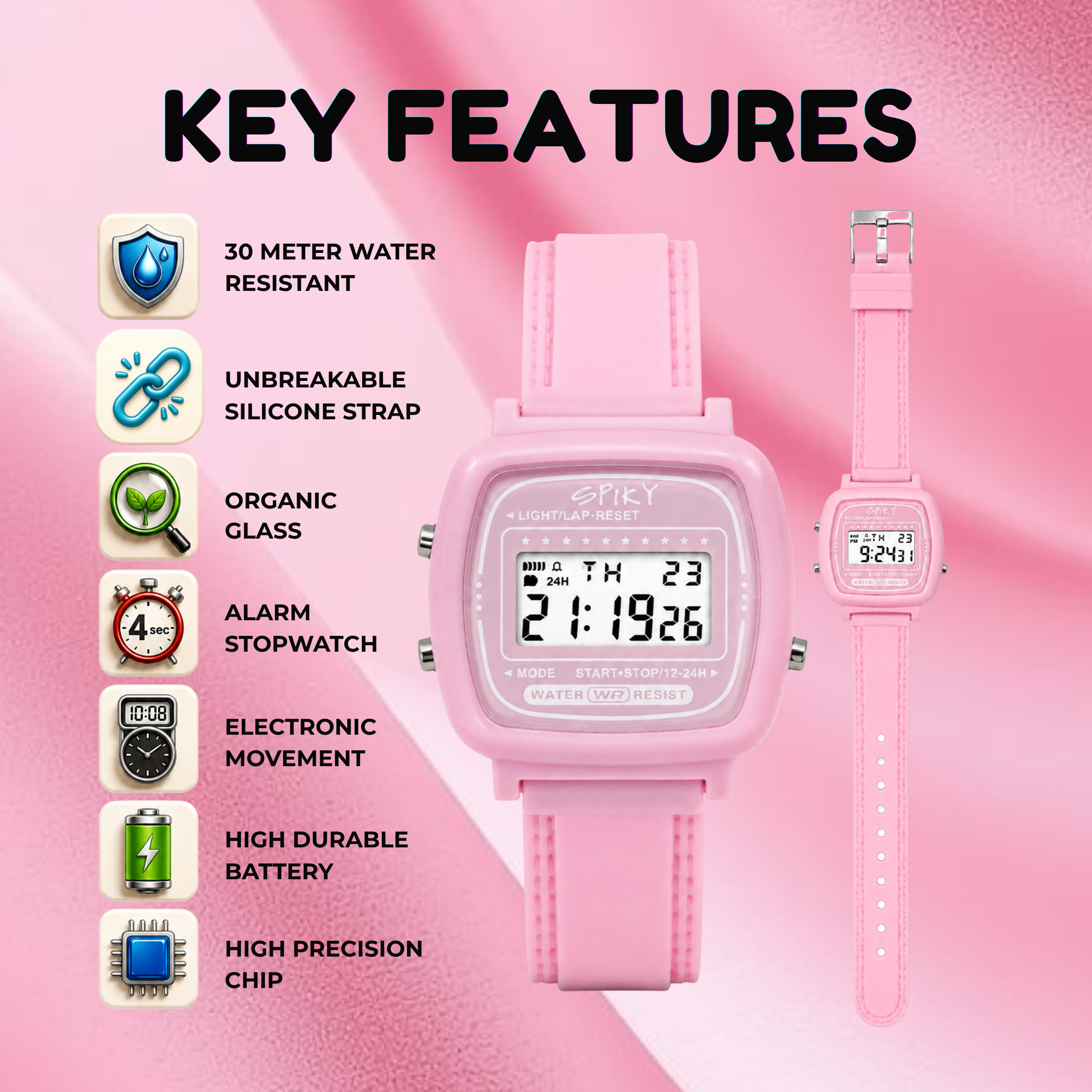 Spiky Square Digital Sports Watch for Kids Girls