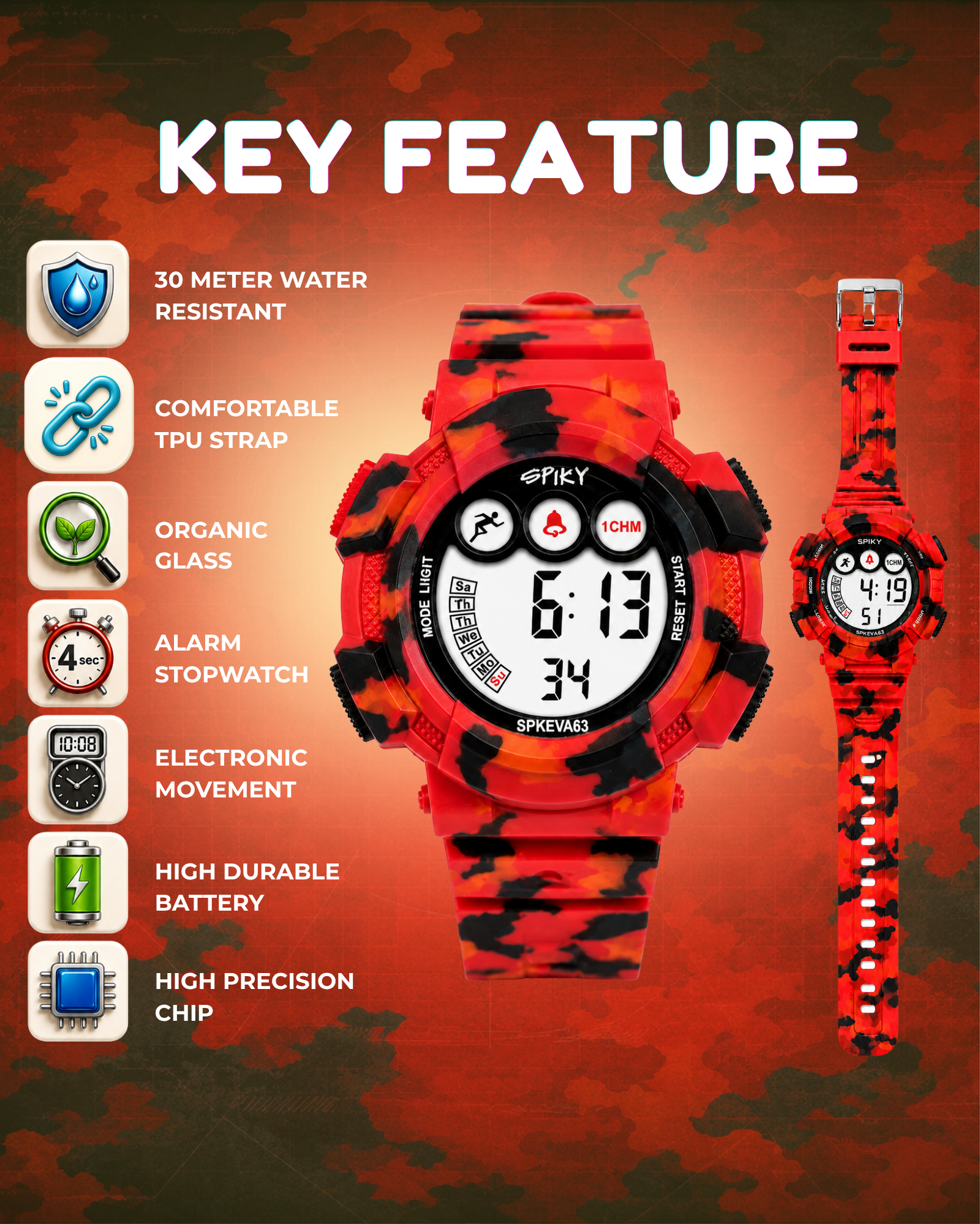 SPIKY Round Digital Sports Watch for Kids | Military, Camouflage Design