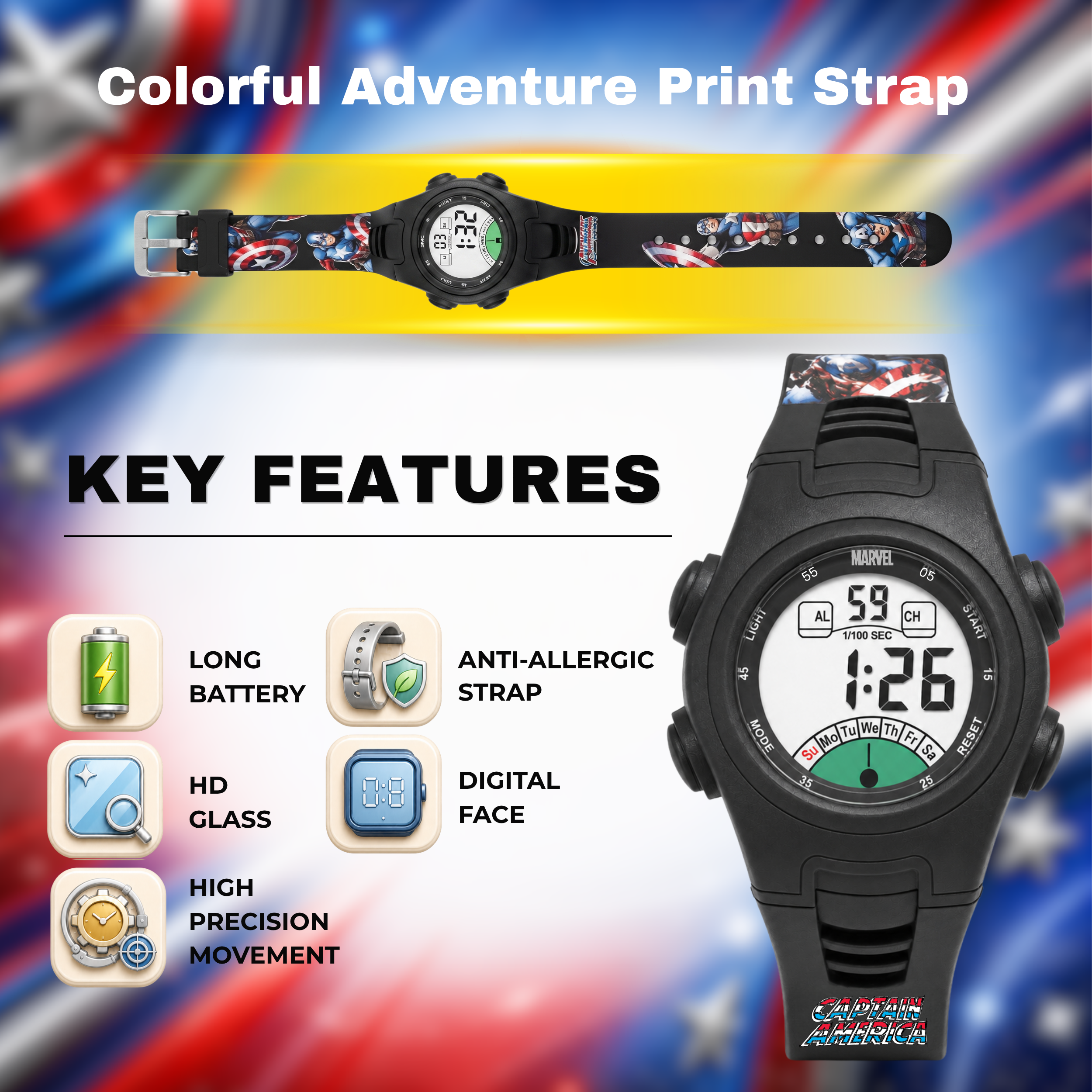 Spiky Captain America theme Digital Kids Watch