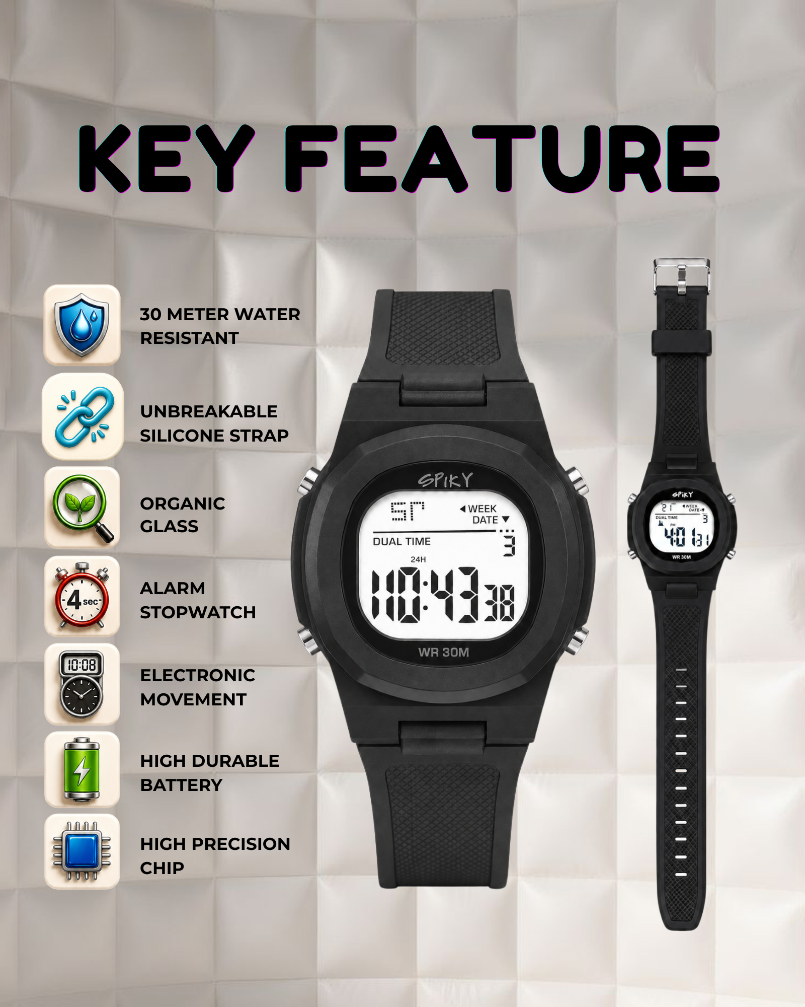 Spiky EVA65 Round Digital Sports Watch for Kids
