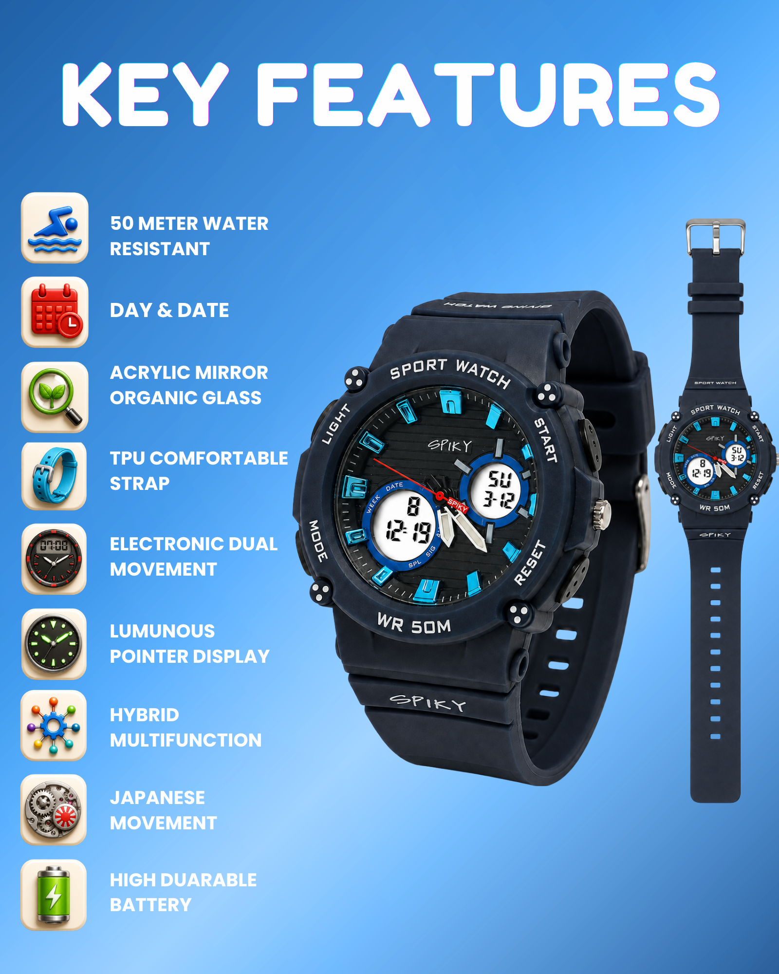 Spiky Analog-Digital Sports Watch for Kids Boys