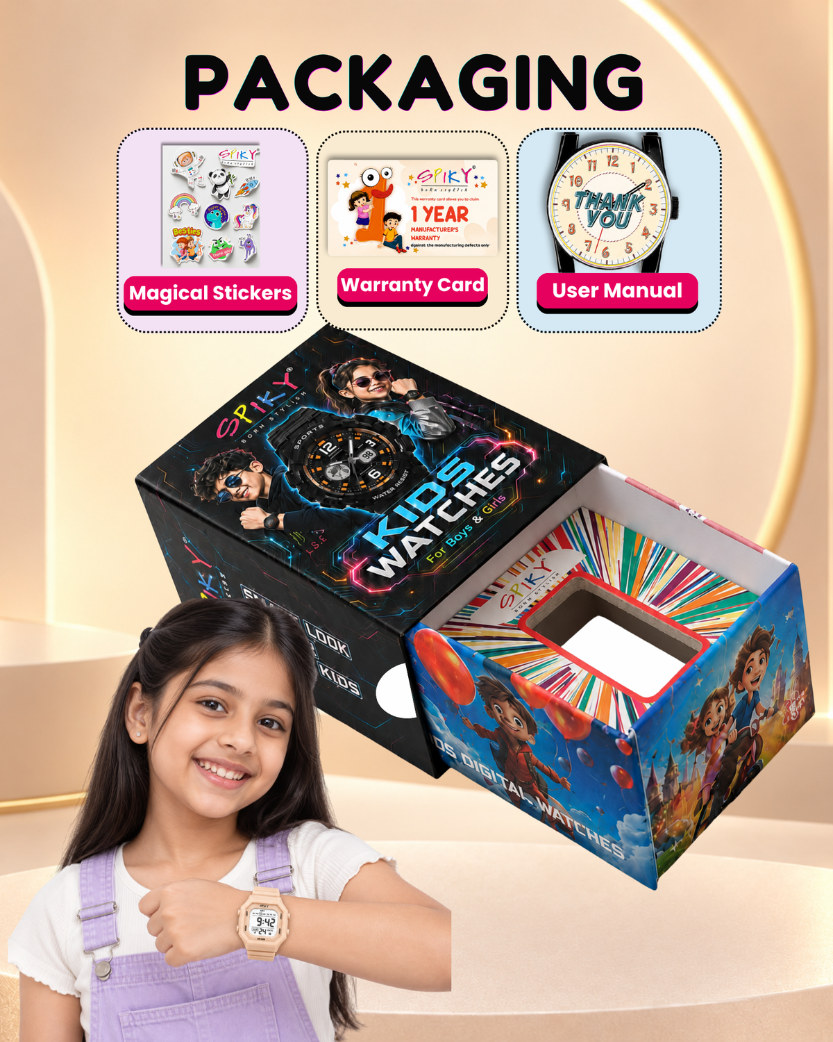 Spiky Square Digital Kids Watch for Girls