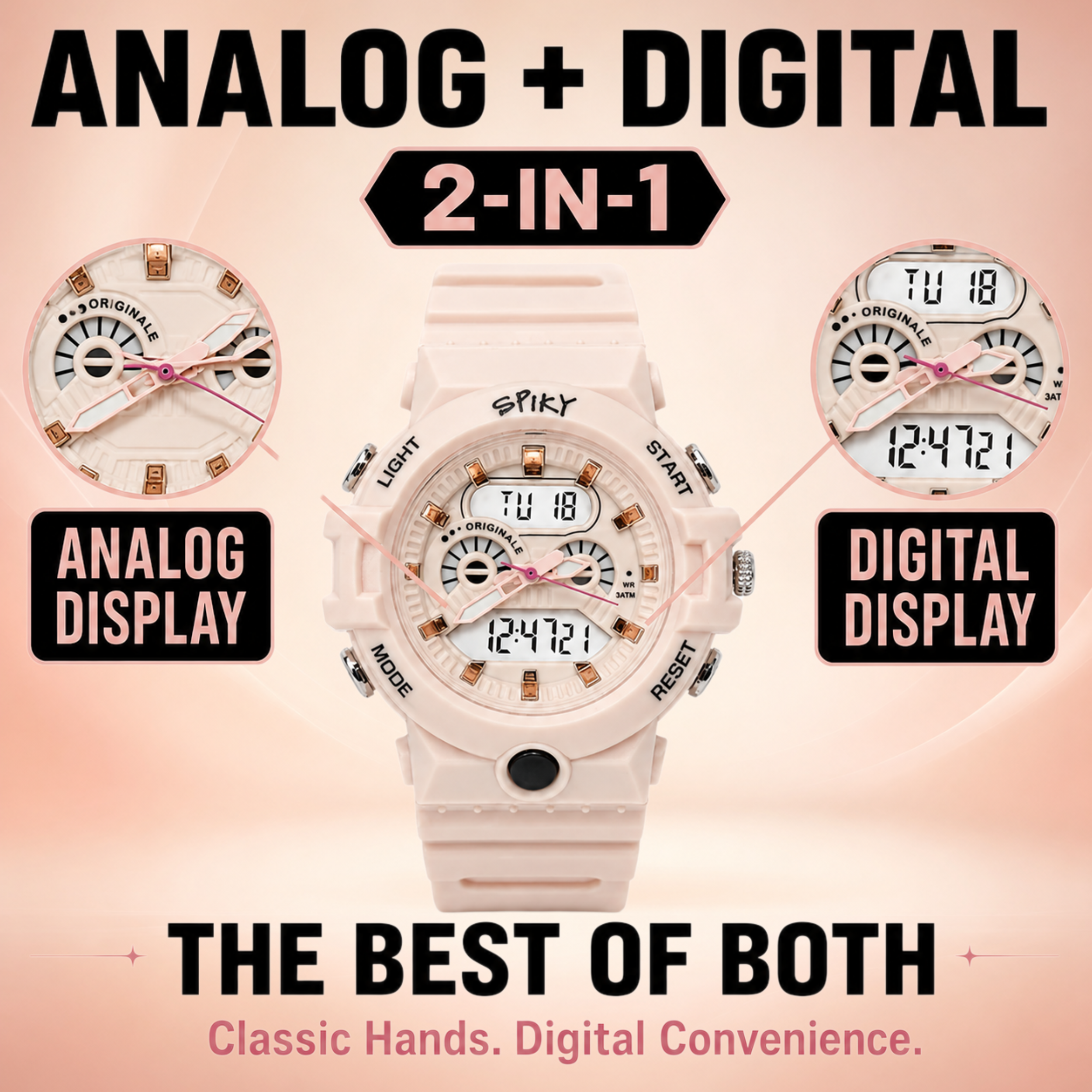 Spiky Round Analog Digital Sports Watch for Kids Girls