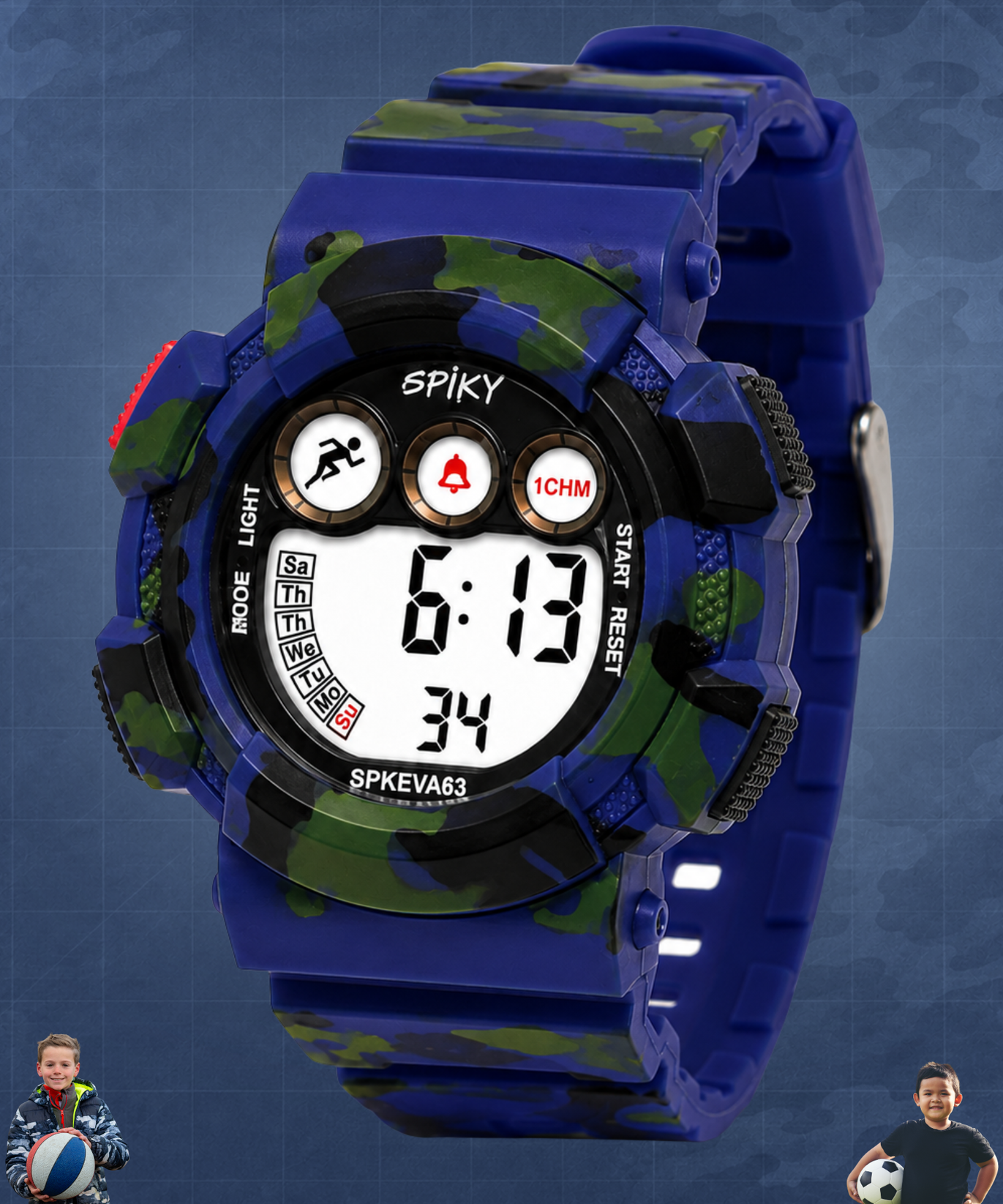 SPIKY Round Digital Sports Watch for Kids | Military, Camouflage Design