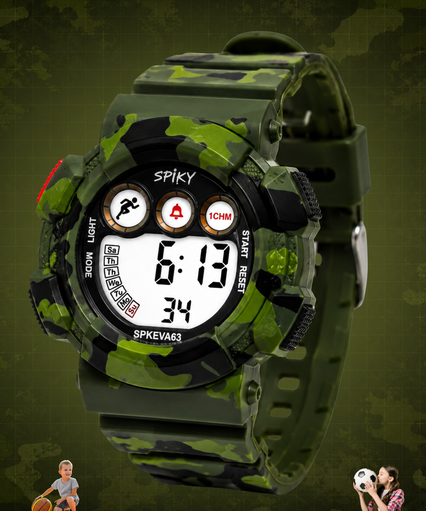 SPIKY Round Digital Sports Watch for Kids | Military, Camouflage Design