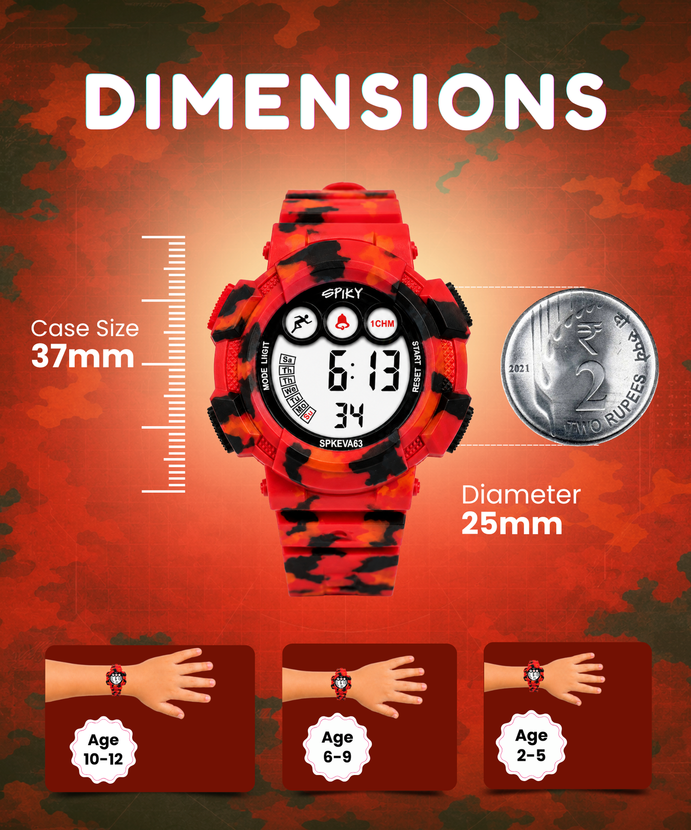 SPIKY Round Digital Sports Watch for Kids | Military, Camouflage Design