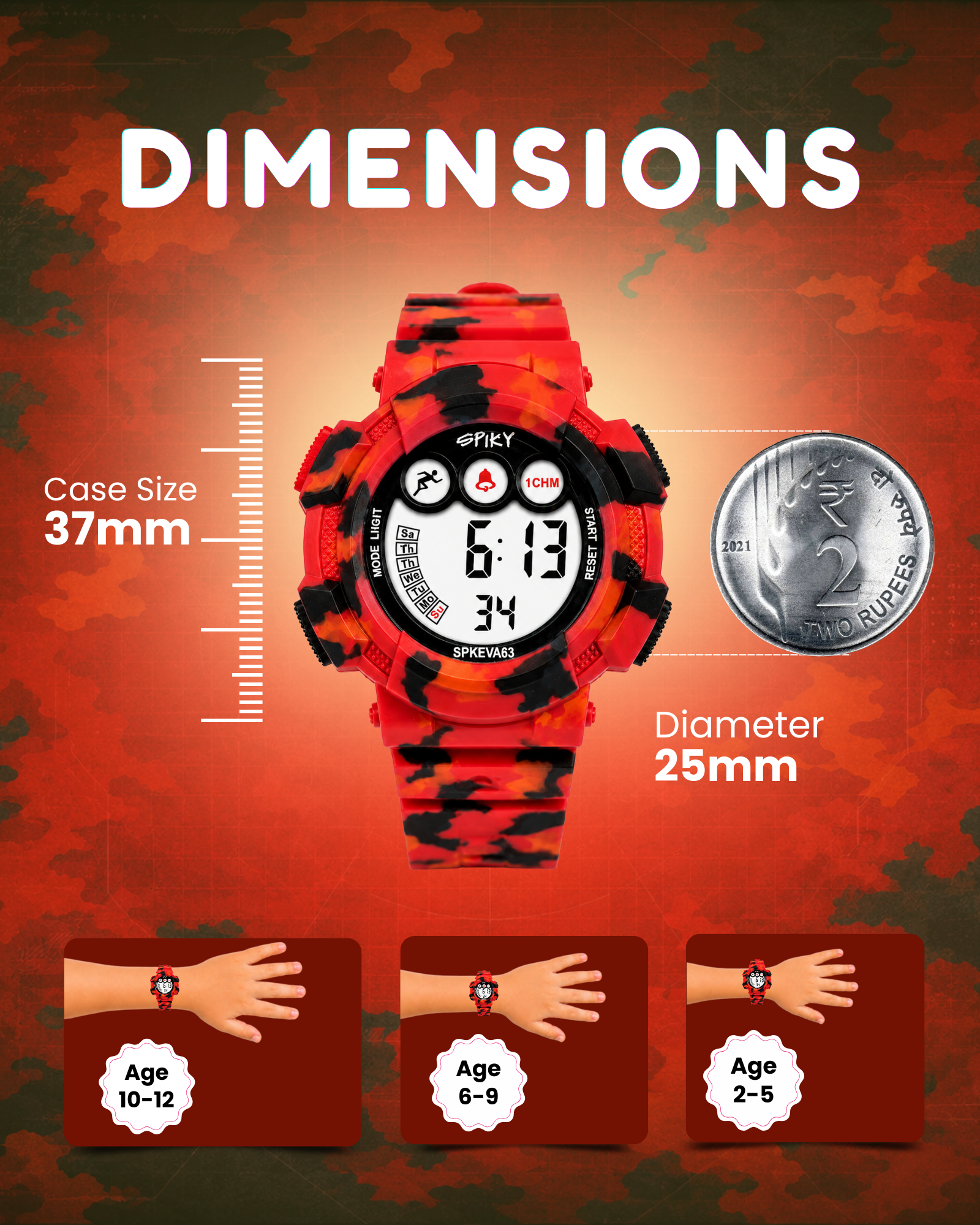SPIKY Round Digital Sports Watch for Kids | Military, Camouflage Design