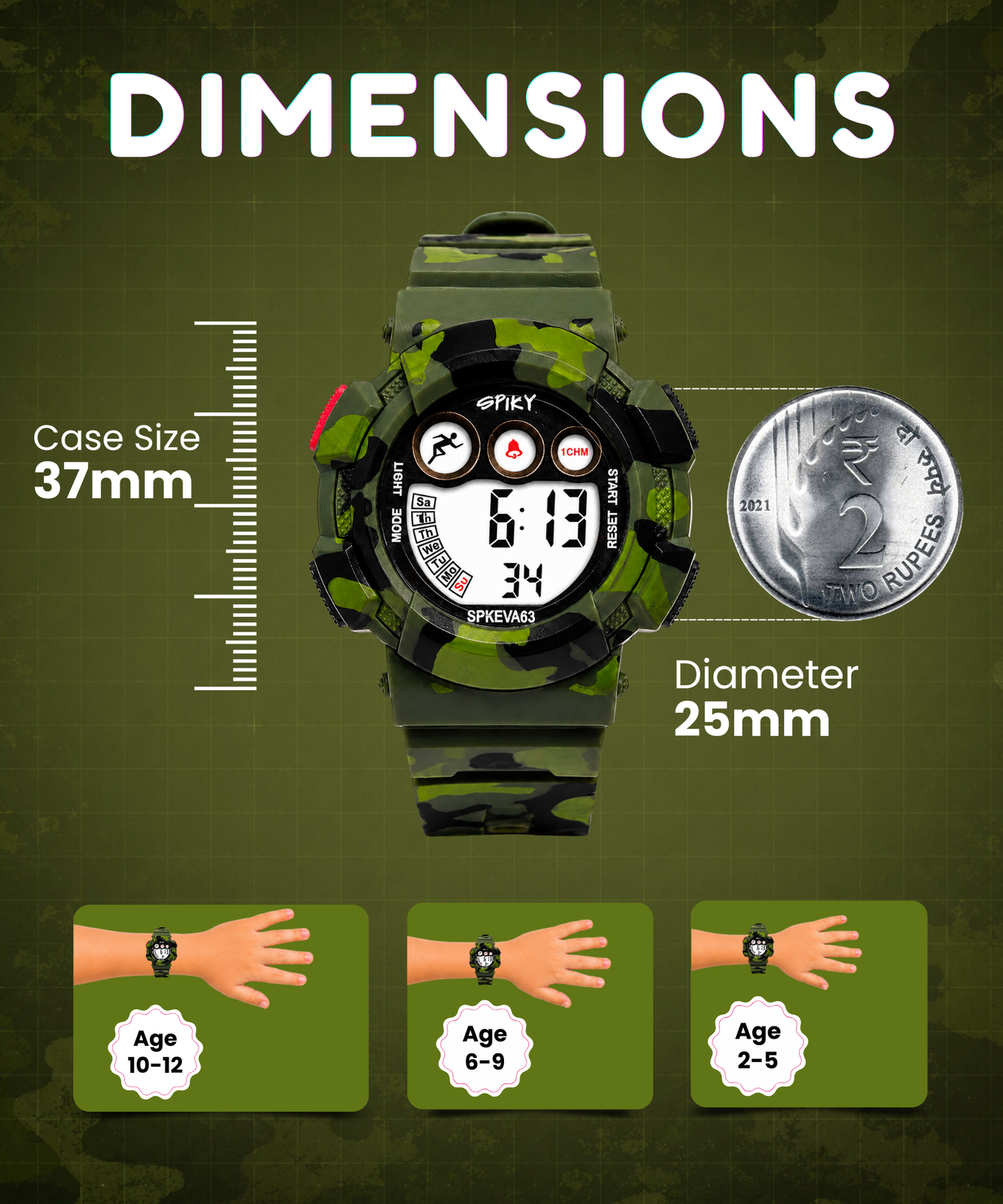 SPIKY Round Digital Sports Watch for Kids | Military, Camouflage Design