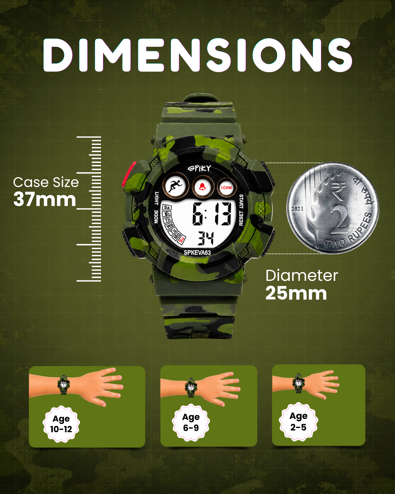 SPIKY Round Digital Sports Watch for Kids | Military, Camouflage Design