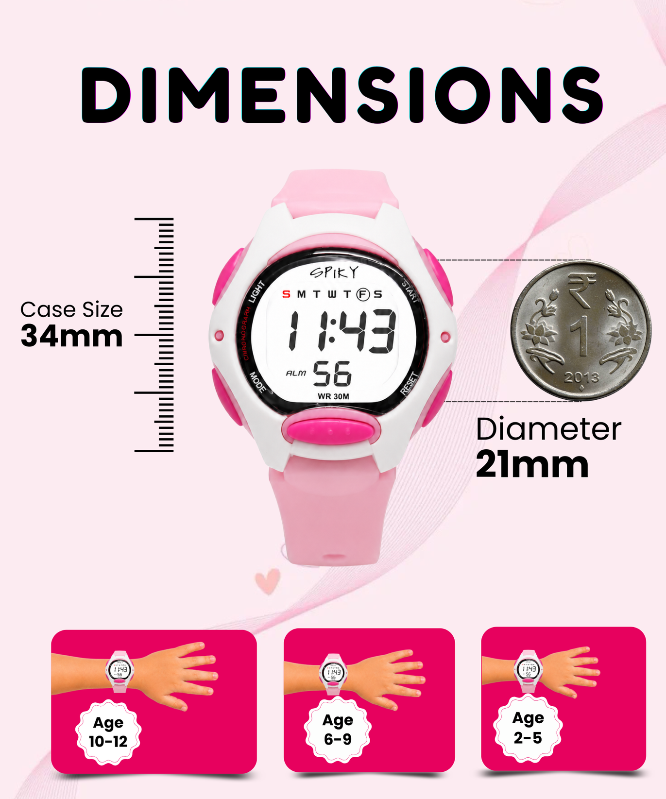 Spiky Eva2 Round Digital Kids Sports Watch - Pink