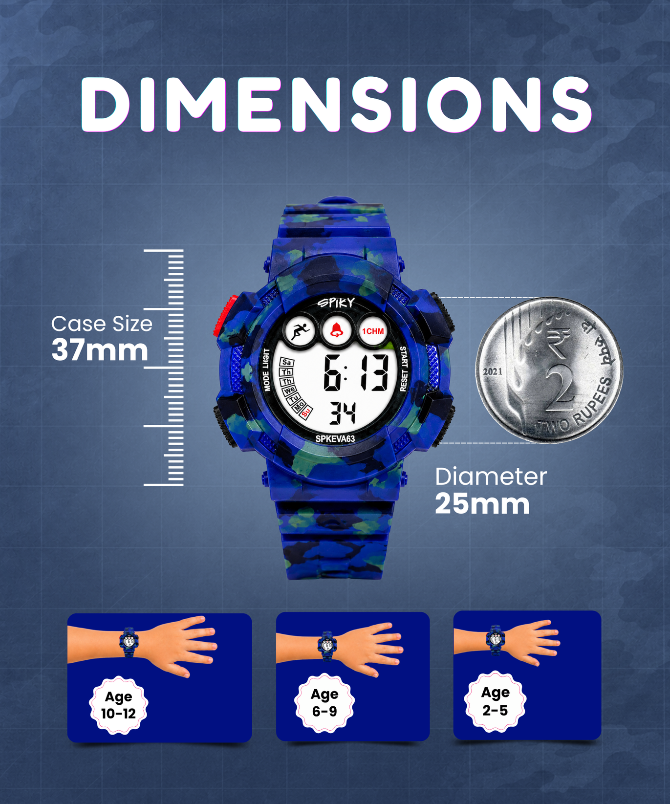 SPIKY Round Digital Sports Watch for Kids | Military, Camouflage Design