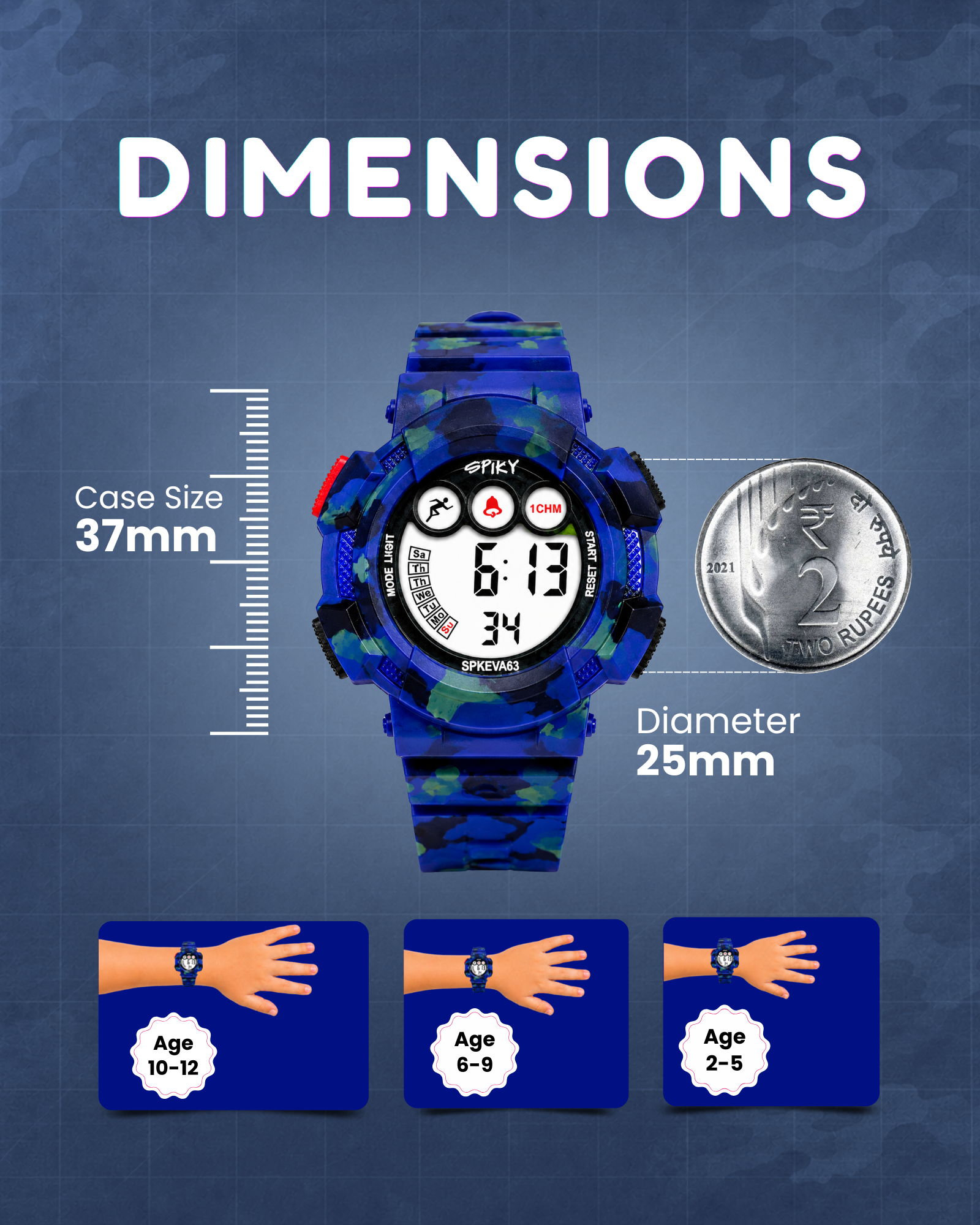 SPIKY Round Digital Sports Watch for Kids | Military, Camouflage Design