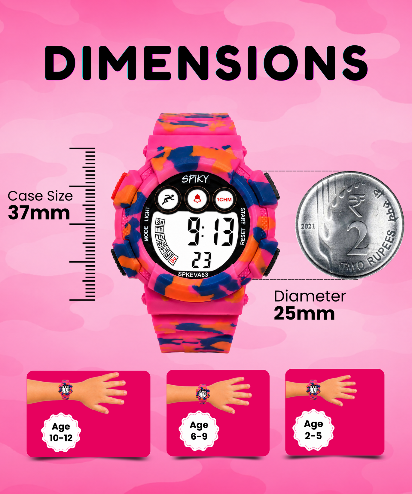 SPIKY Round Digital Sports Watch for Kids | Military, Camouflage Design