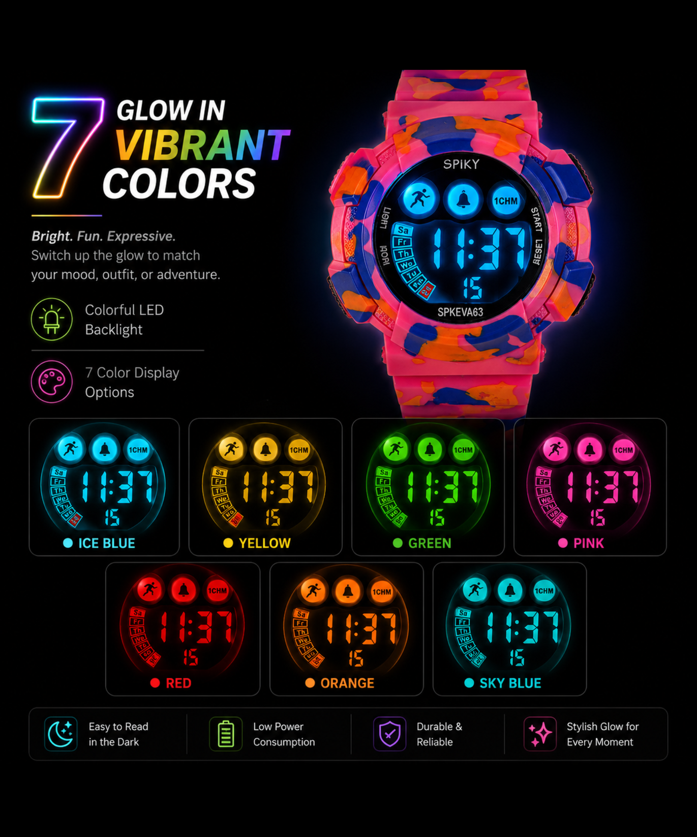 SPIKY Round Digital Sports Watch for Kids | Military, Camouflage Design