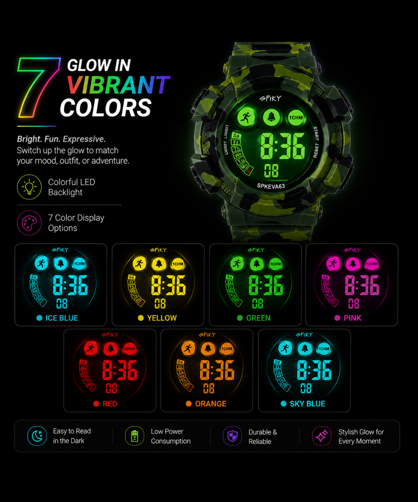 SPIKY Round Digital Sports Watch for Kids | Military, Camouflage Design