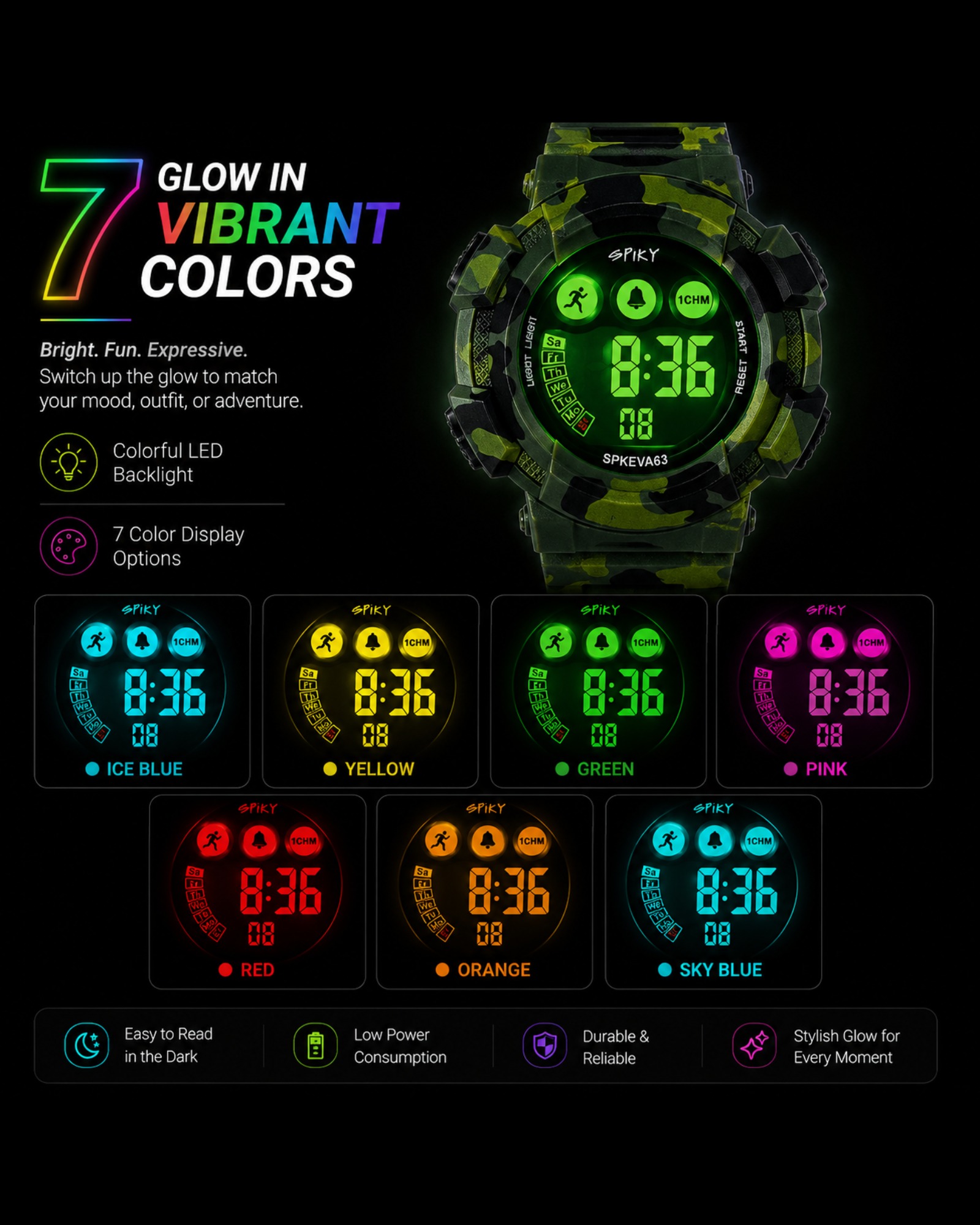 SPIKY Round Digital Sports Watch for Kids | Military, Camouflage Design