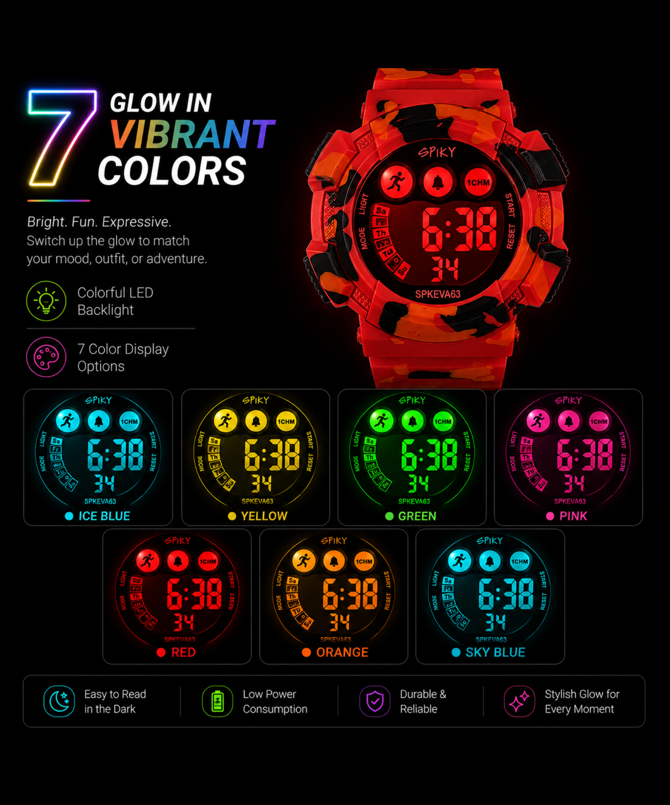 SPIKY Round Digital Sports Watch for Kids | Military, Camouflage Design