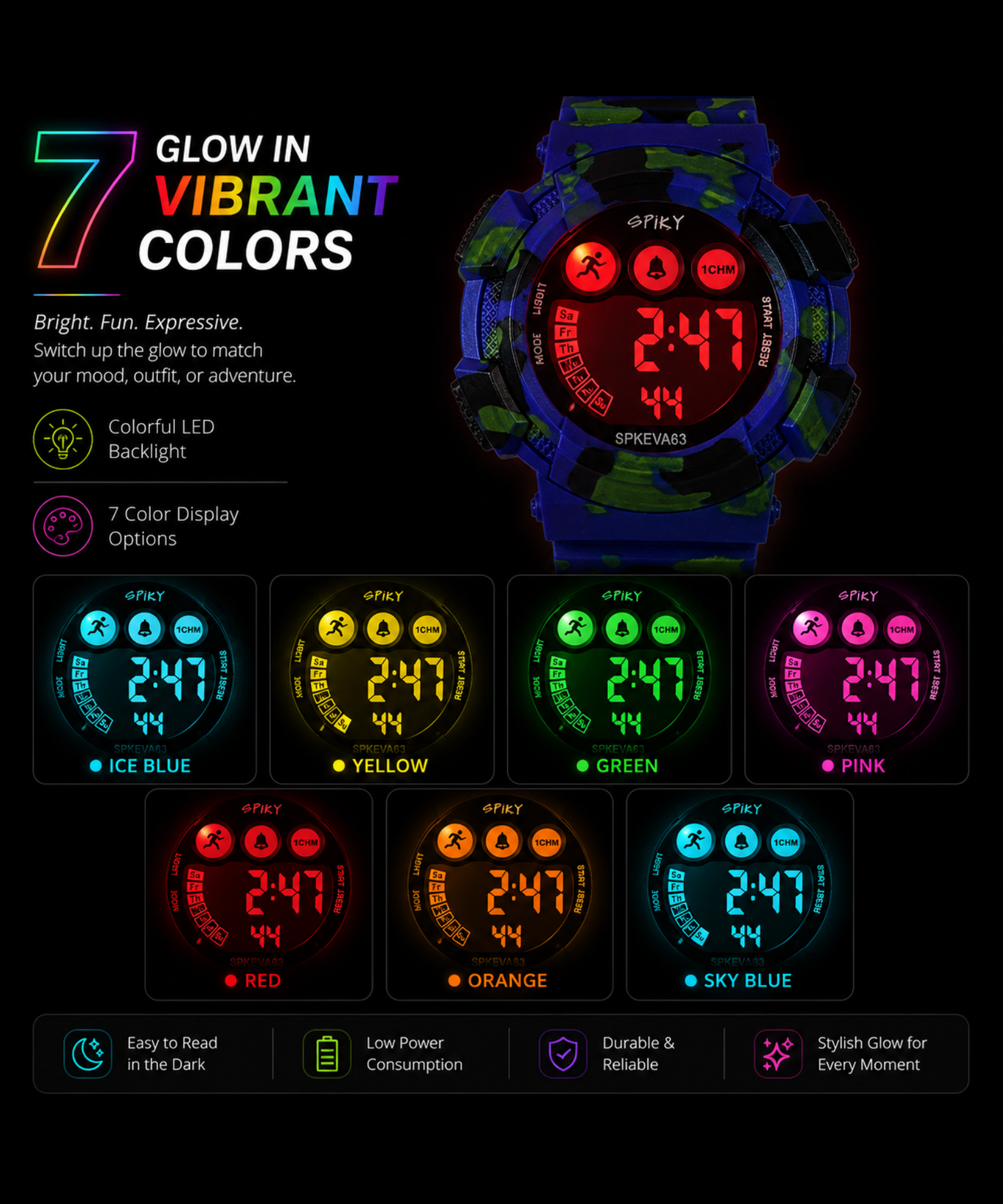 SPIKY Round Digital Sports Watch for Kids | Military, Camouflage Design