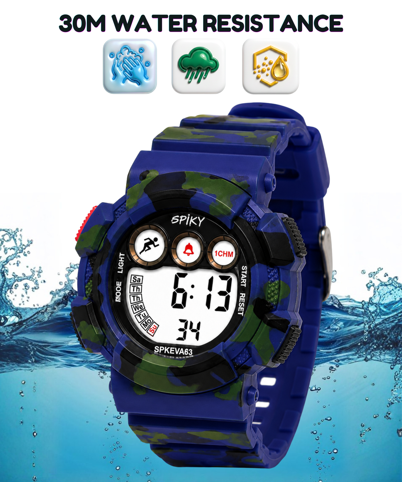 SPIKY Round Digital Sports Watch for Kids | Military, Camouflage Design