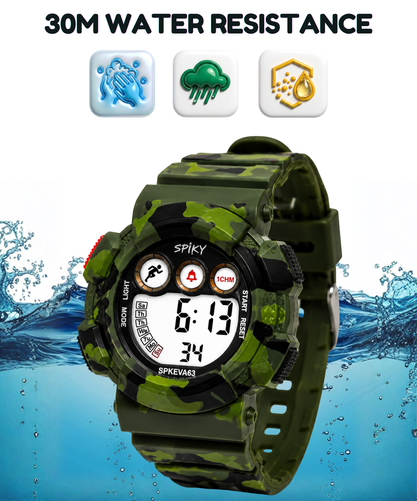 SPIKY Round Digital Sports Watch for Kids | Military, Camouflage Design