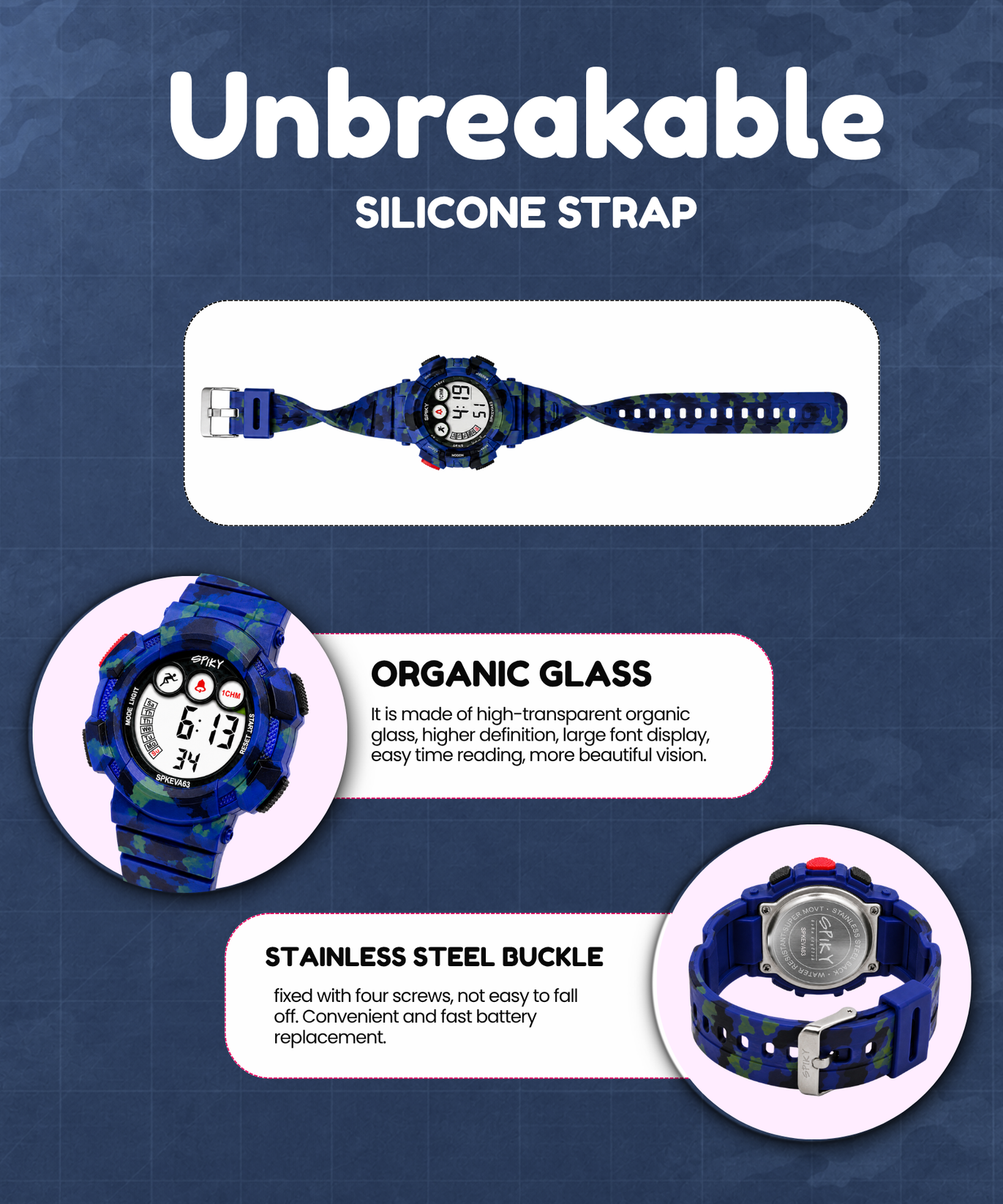 SPIKY Round Digital Sports Watch for Kids | Military, Camouflage Design