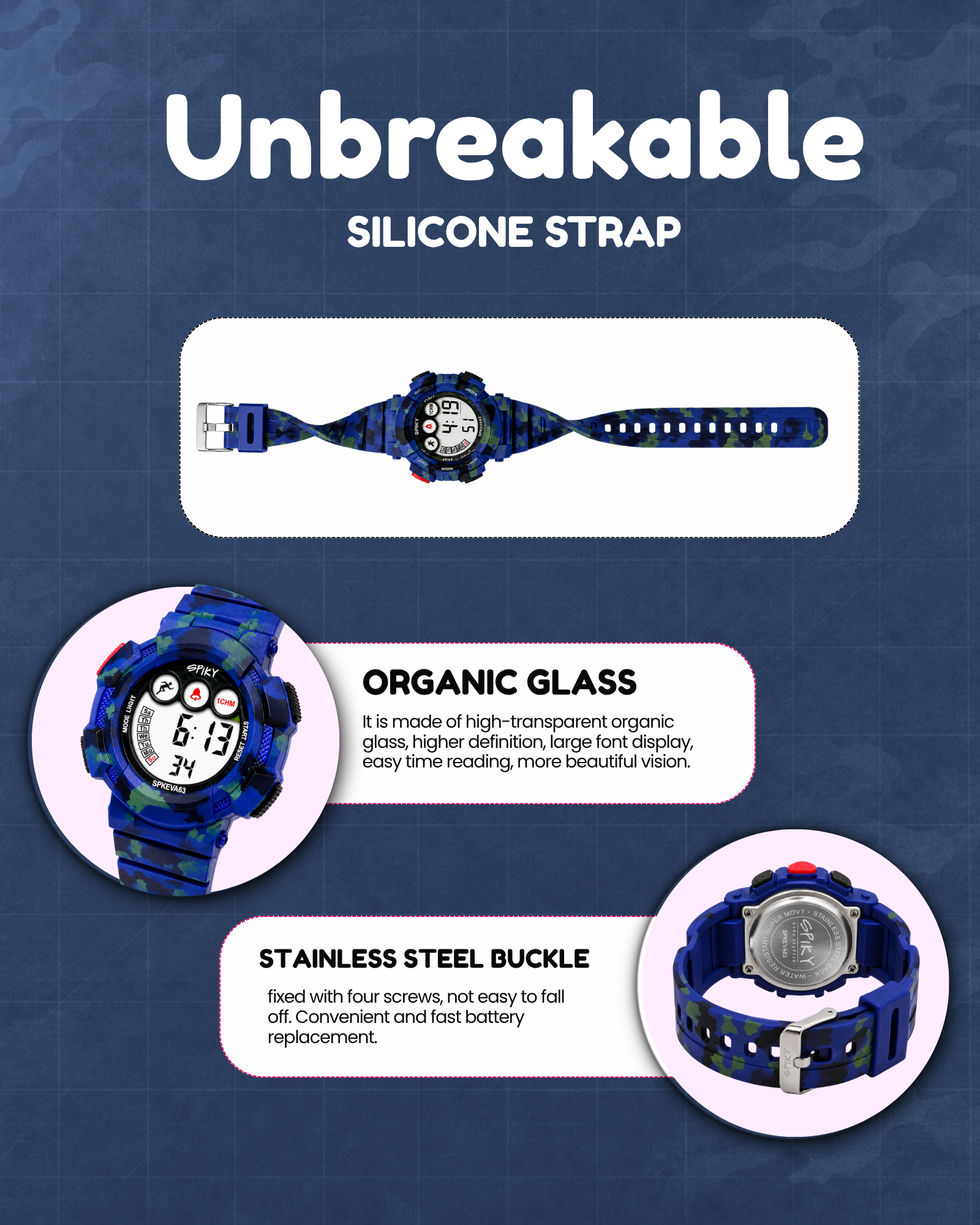 SPIKY Round Digital Sports Watch for Kids | Military, Camouflage Design