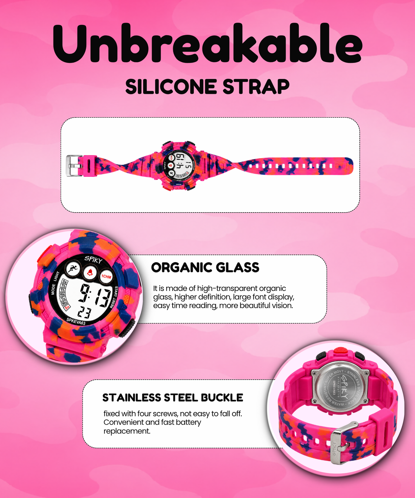 SPIKY Round Digital Sports Watch for Kids | Military, Camouflage Design
