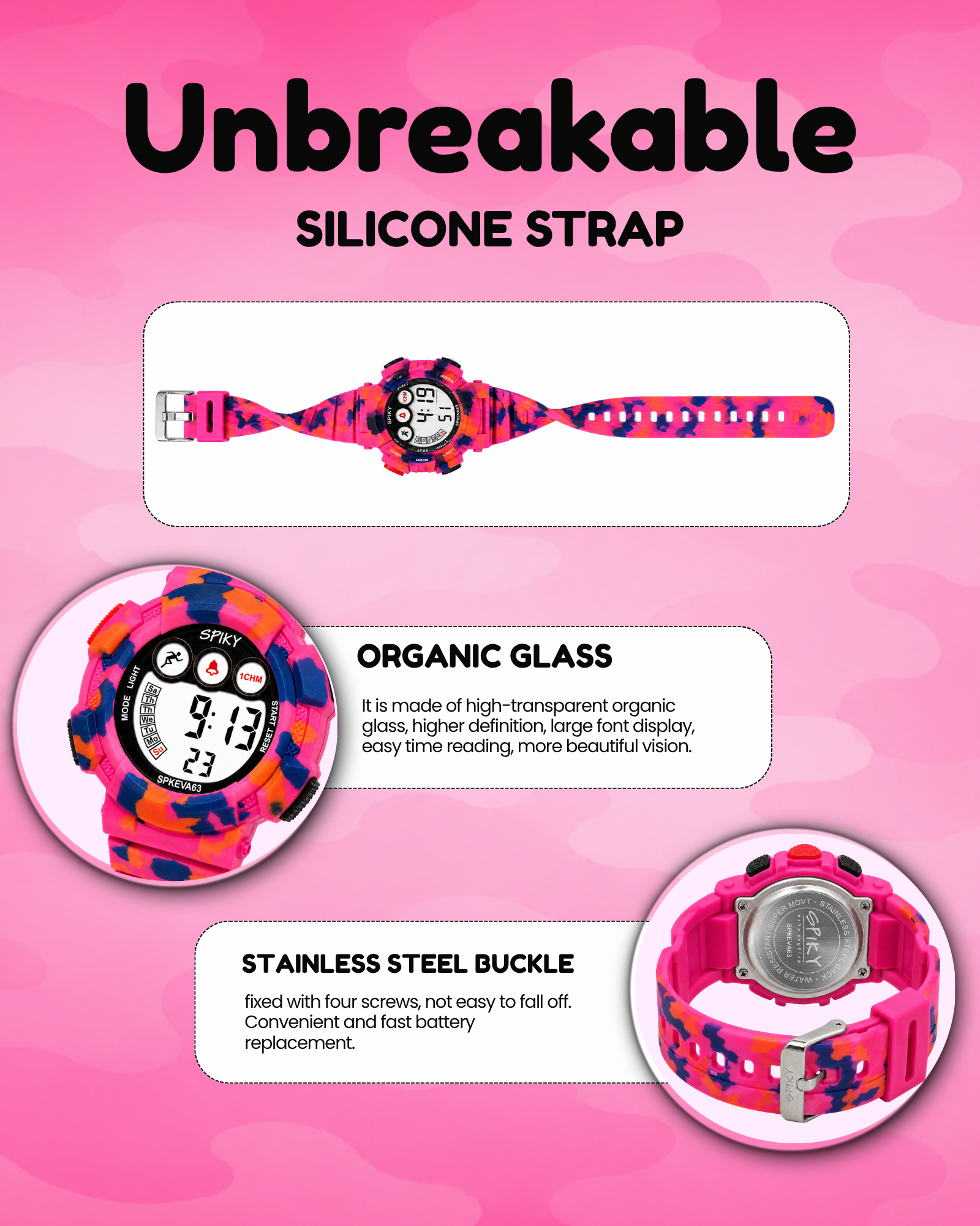 SPIKY Round Digital Sports Watch for Kids | Military, Camouflage Design