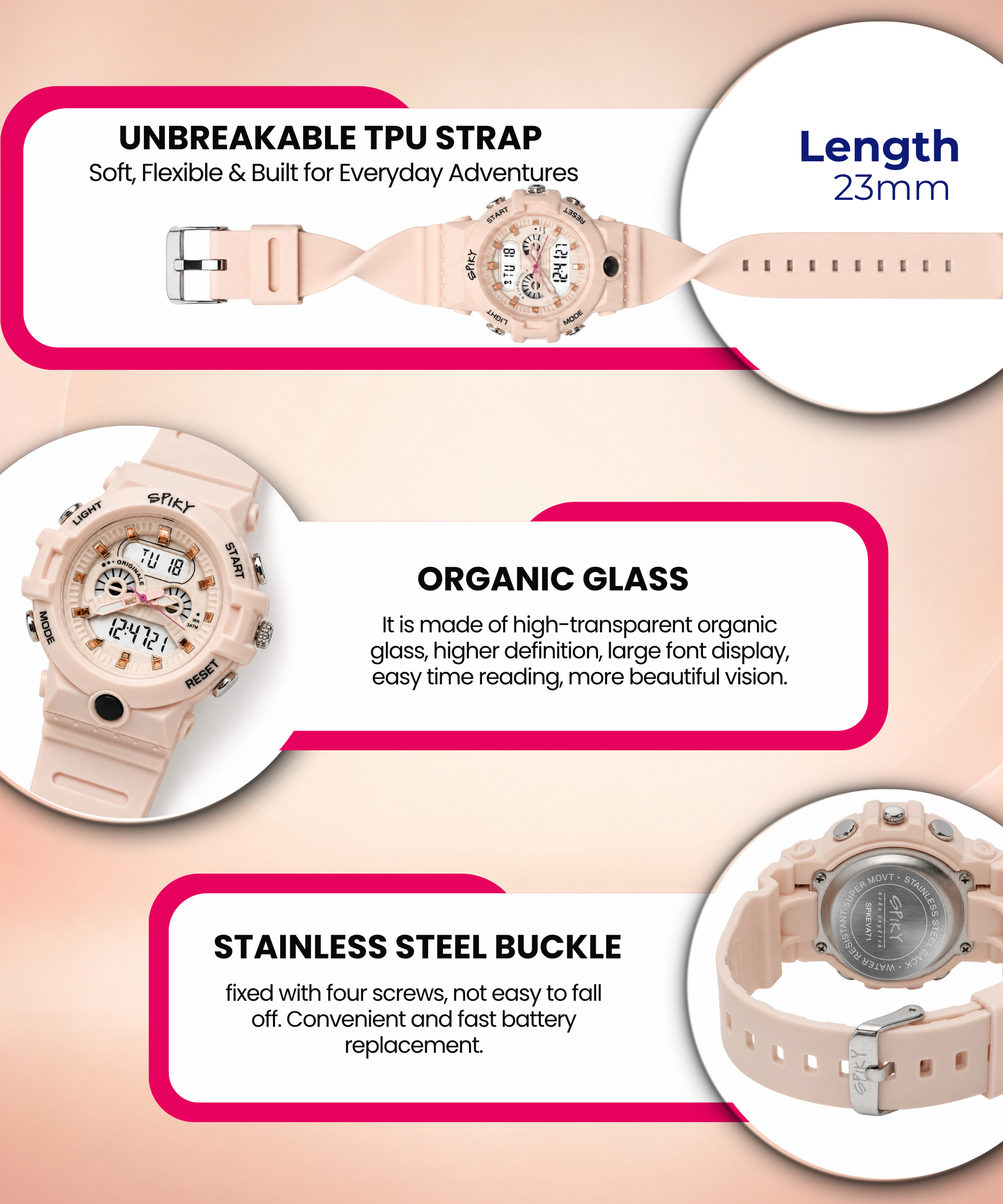 Spiky Round Analog Digital  Sports Watch for Kids Girls