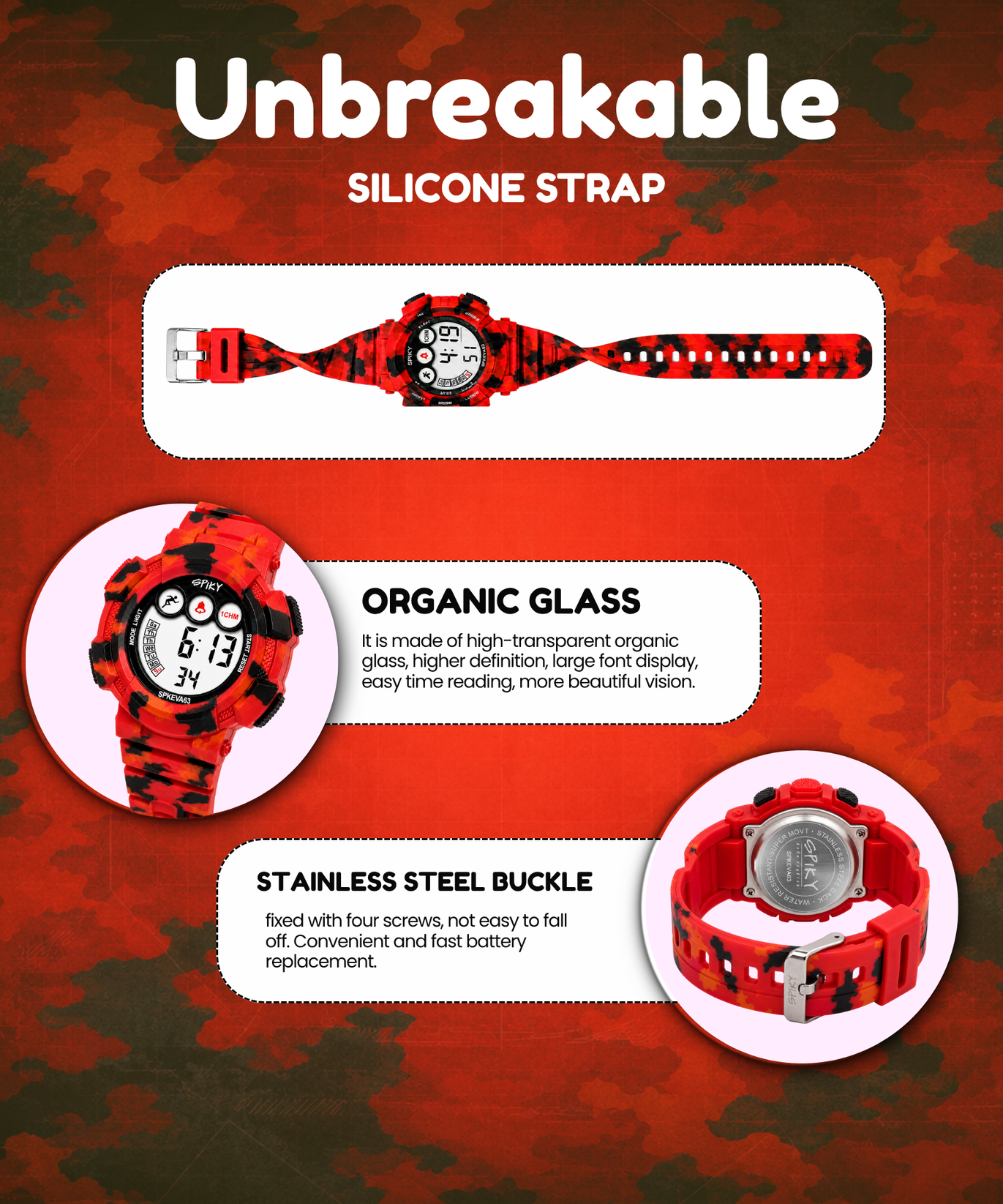 SPIKY Round Digital Sports Watch for Kids | Military, Camouflage Design