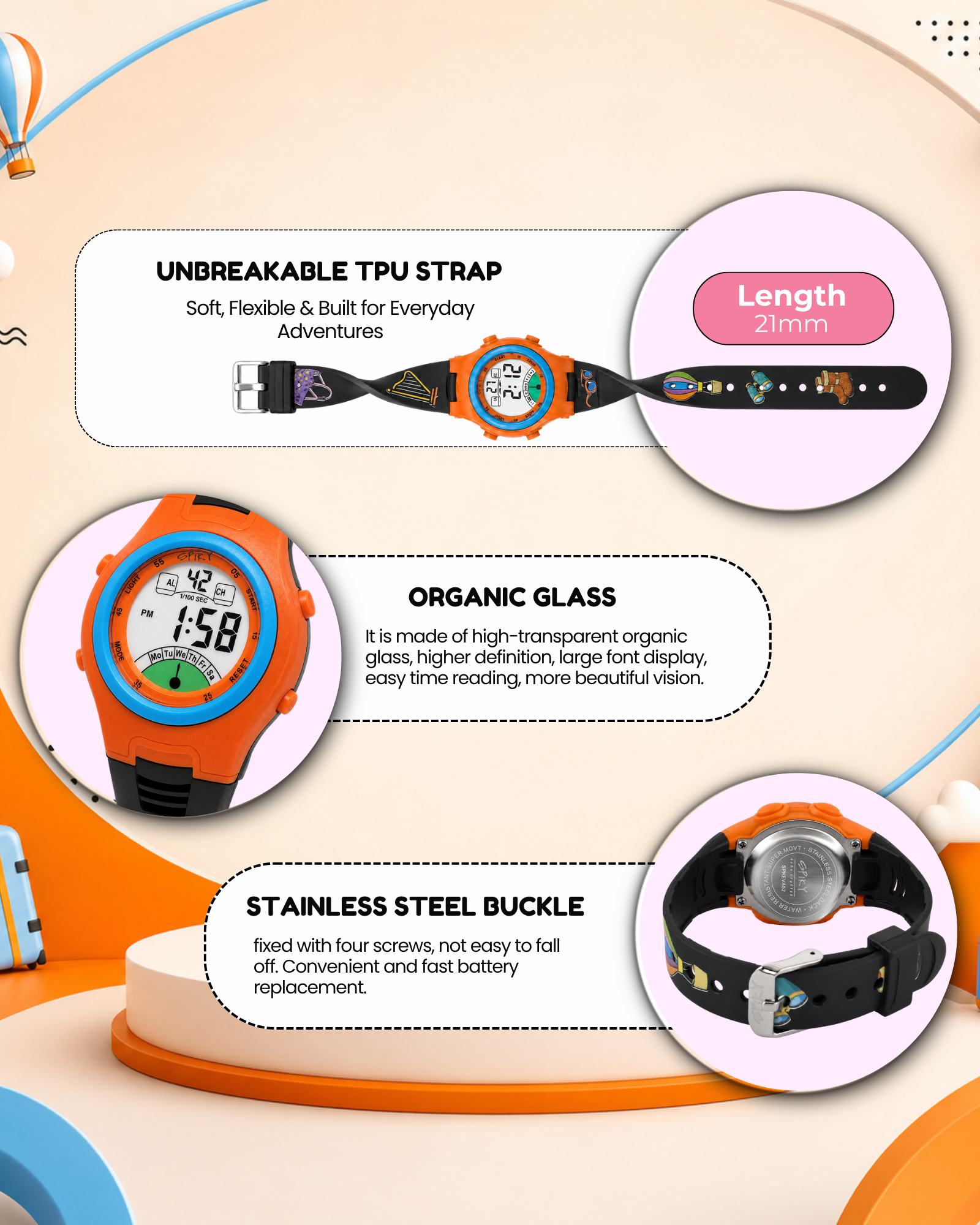 Spiky EVA52 Round Digital Sports Watch for Kids