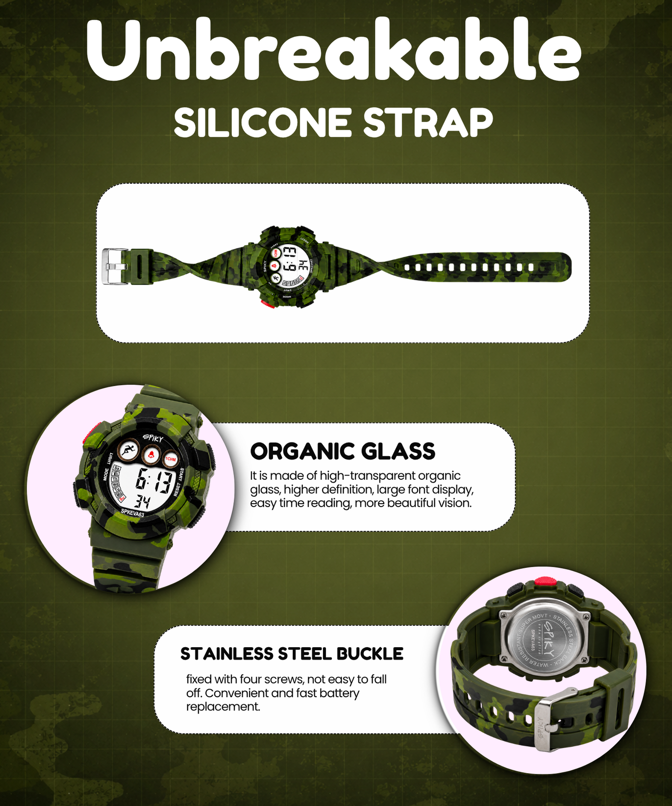 SPIKY Round Digital Sports Watch for Kids | Military, Camouflage Design