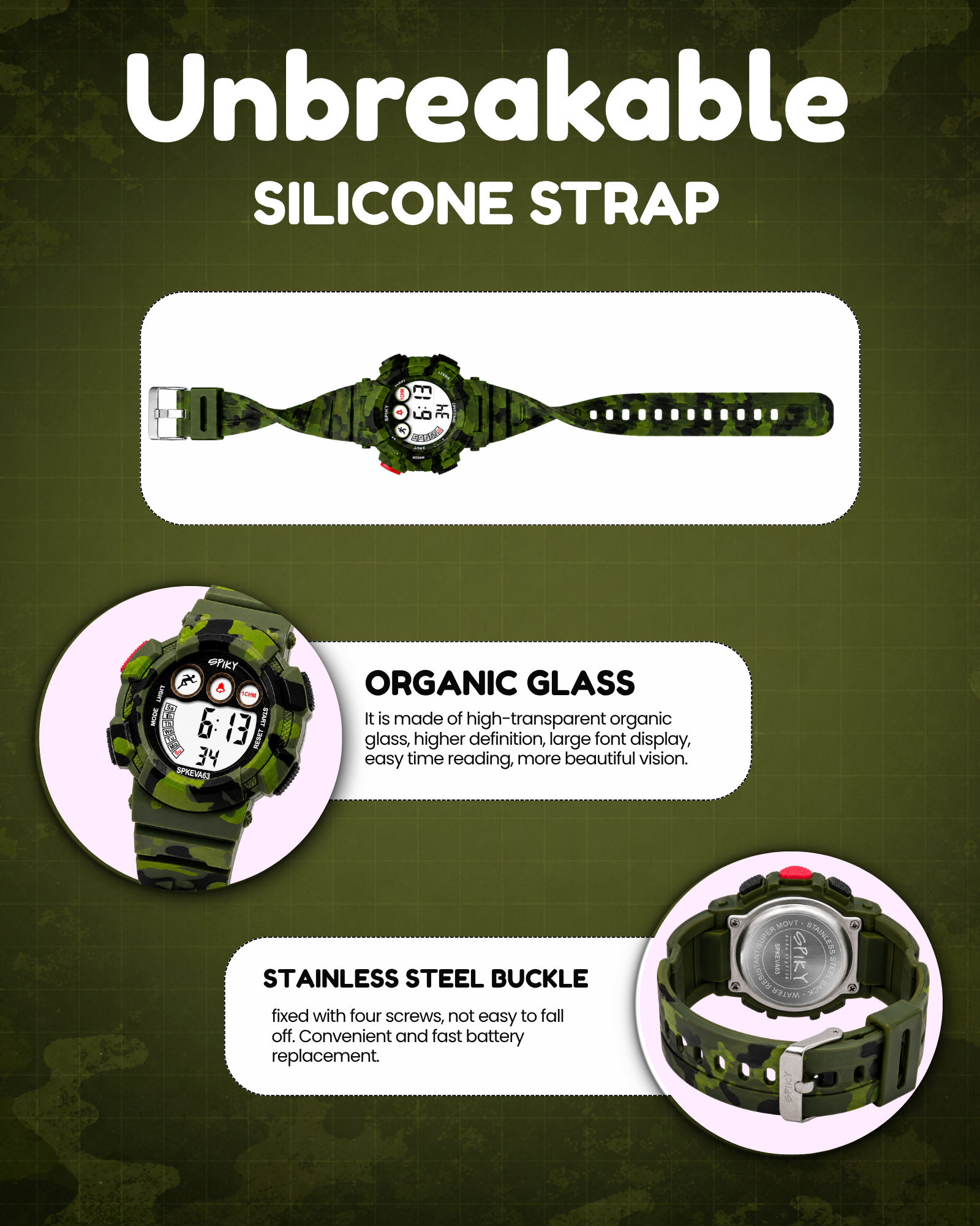 SPIKY Round Digital Sports Watch for Kids | Military, Camouflage Design