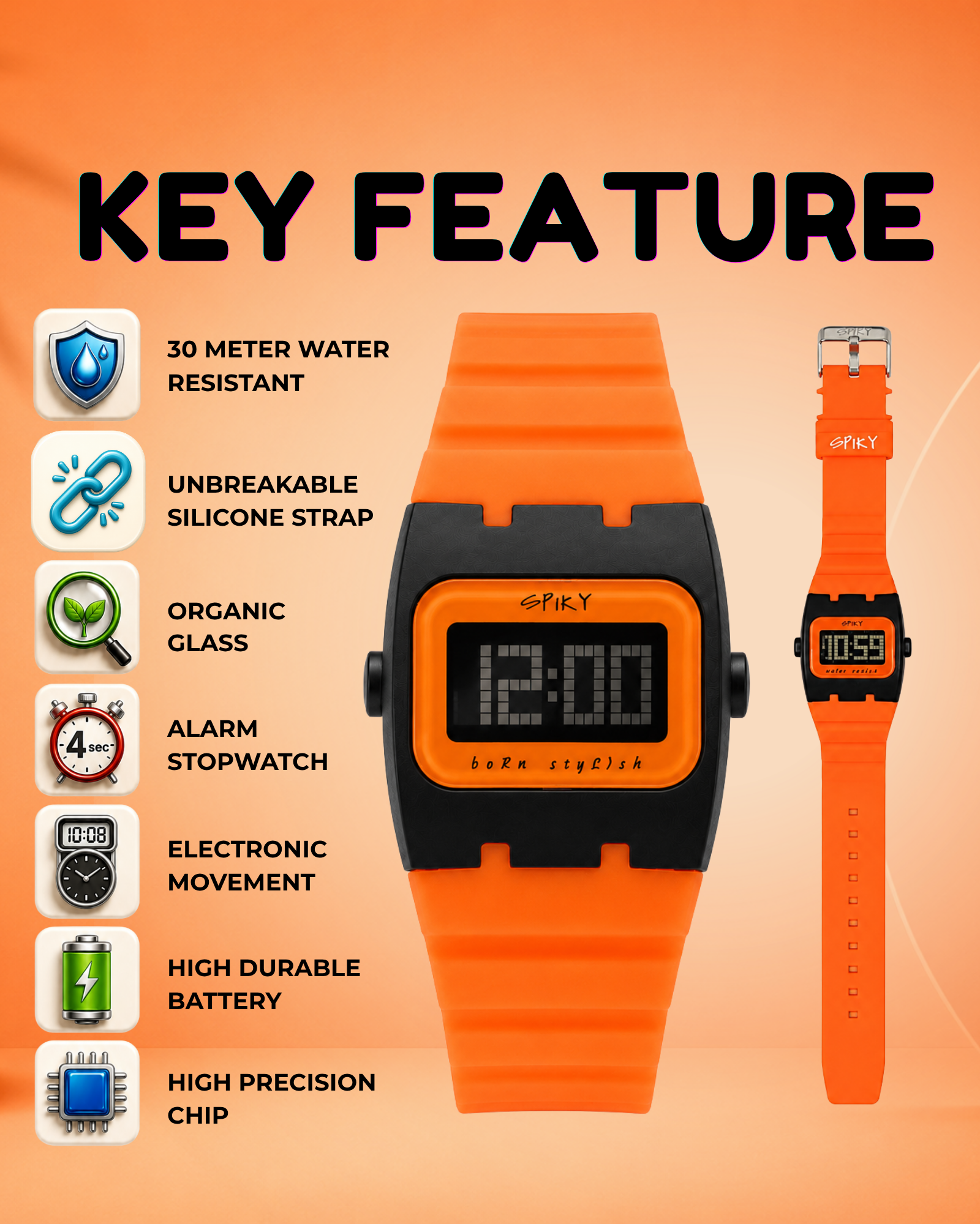 Spiky Rectangle Digital Sports Watch for Kids