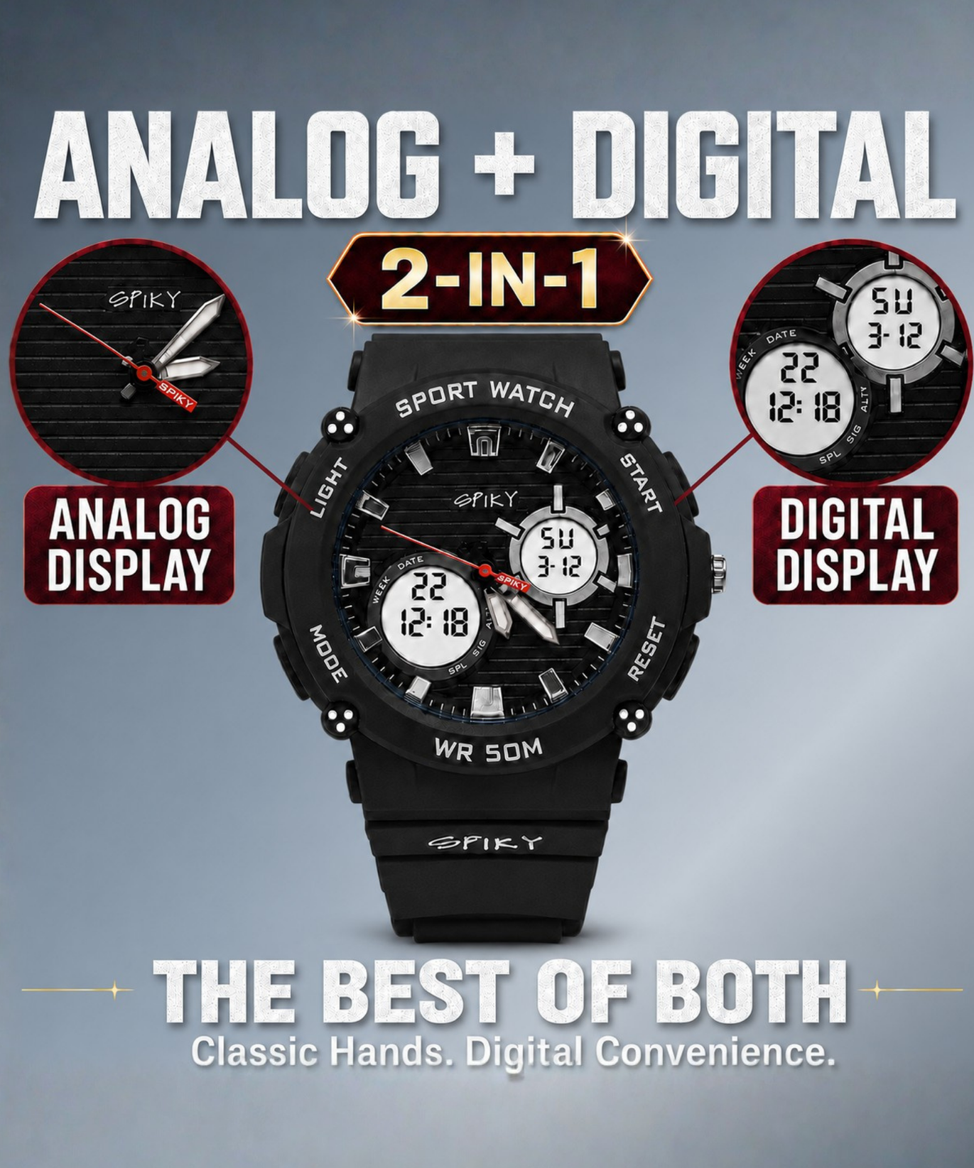 Spiky Analog-Digital Sports Watch for Kids Boys and Girls