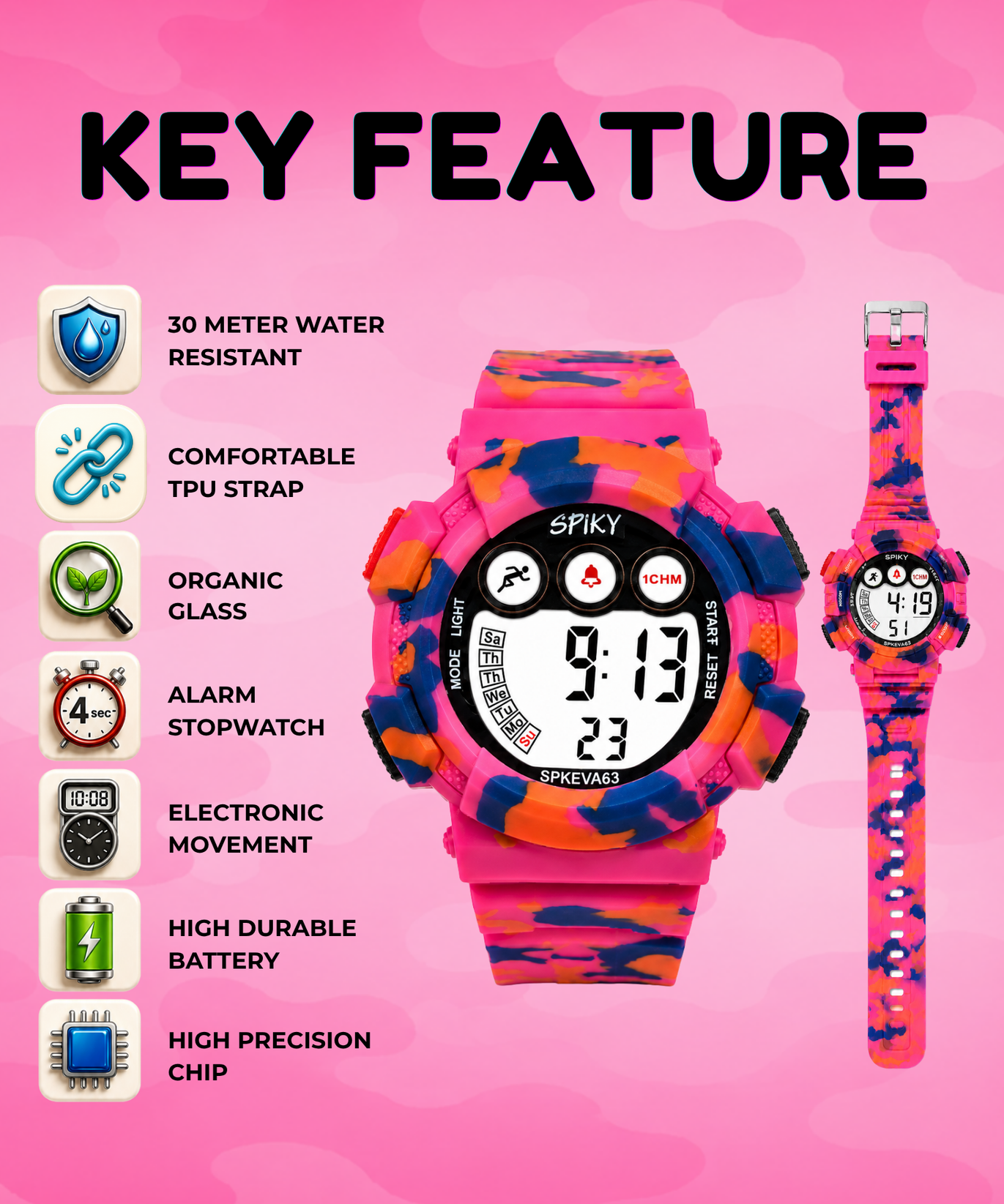 SPIKY Round Digital Sports Watch for Kids | Military, Camouflage Design